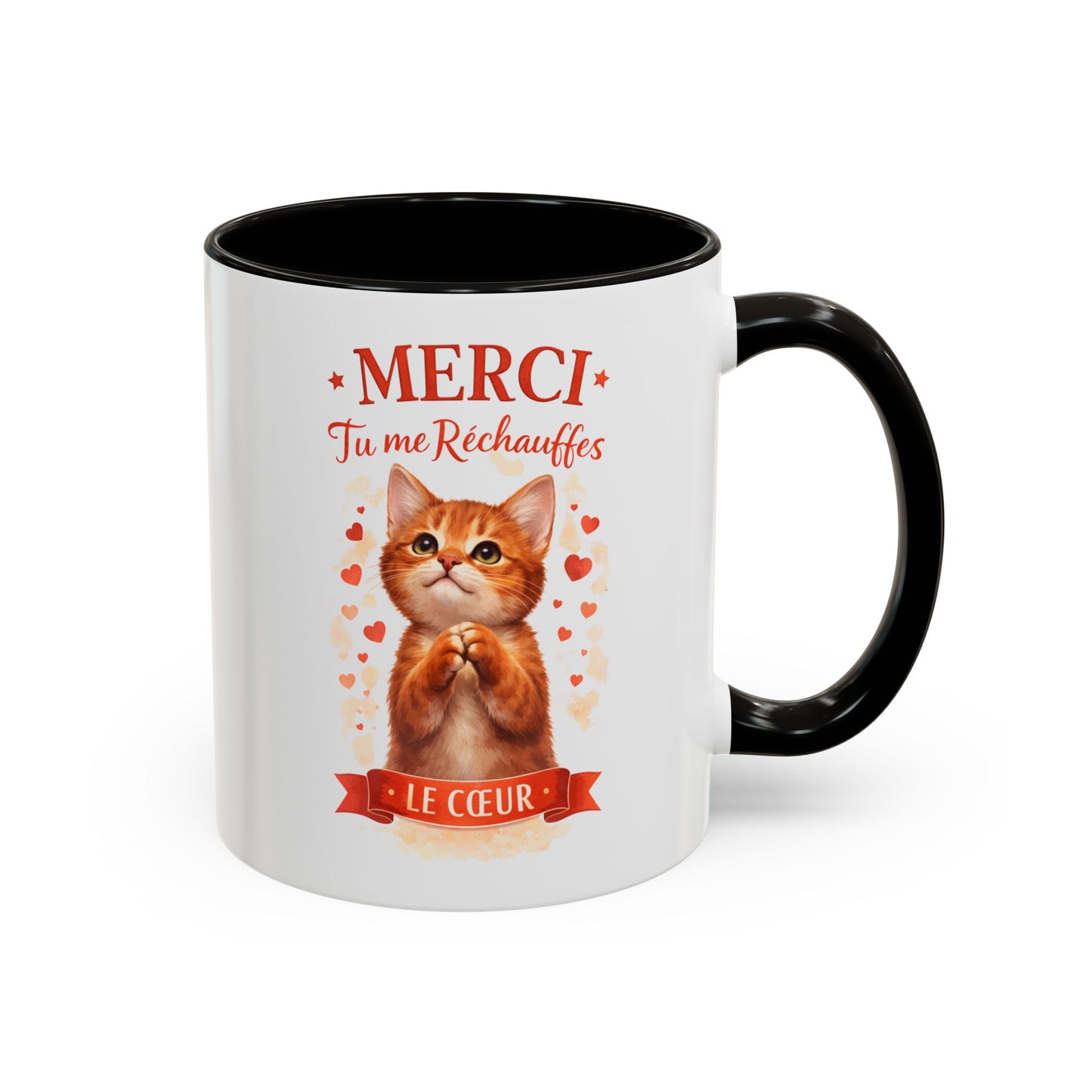 Tasse Chat Mignon Amour “Merci Tu me Réchauffes le Cœur” – Mug Cadeau Chat Affectueux Noir Bleu Rouge