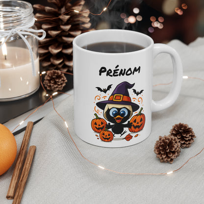 Tasse Personnalisable Calimero Sorcier Halloween – Mug Prénom Citrouilles Mignon 325ml – Cadeau Original Animaux