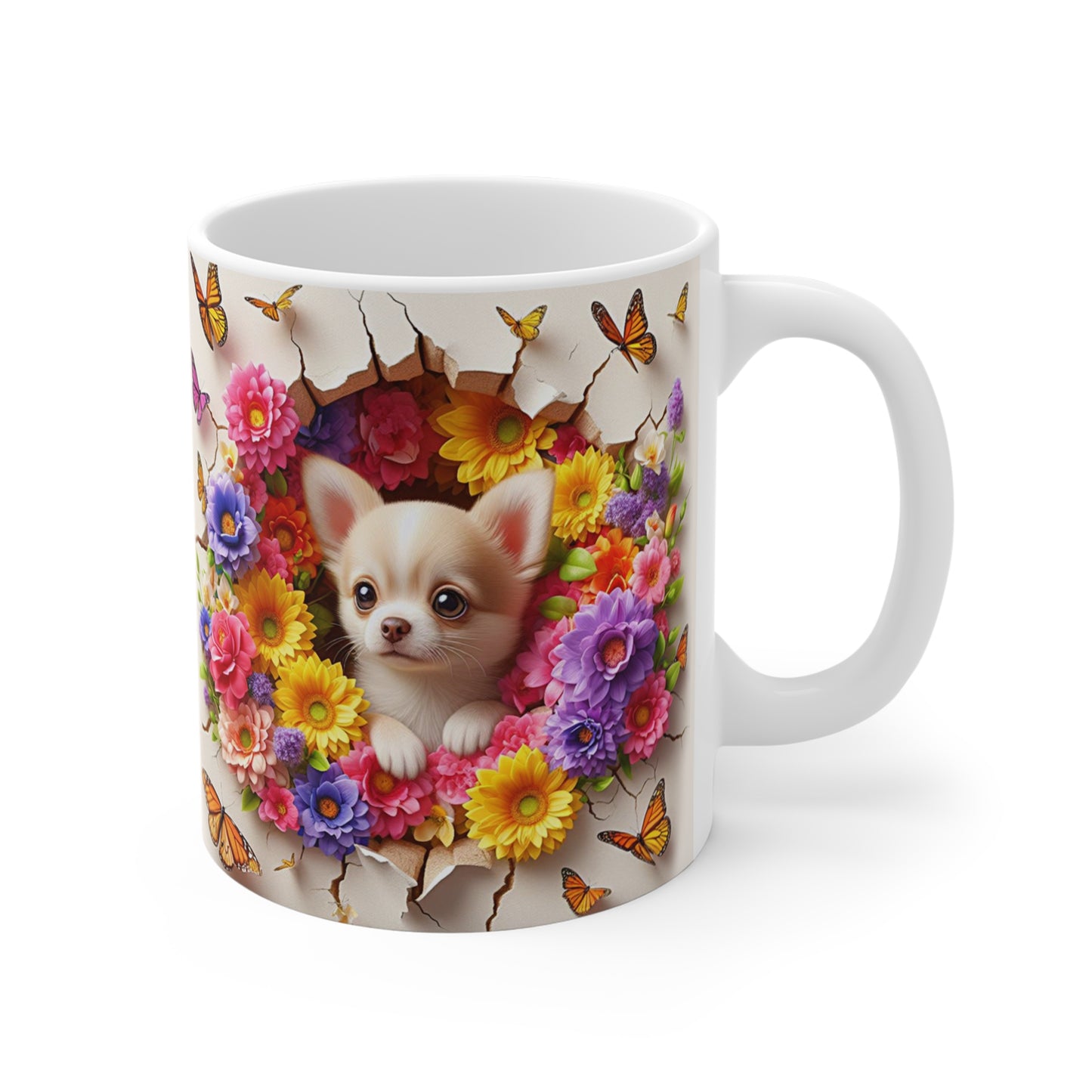 Tasse Céramique Chihuahua et Fleurs – Mug Chien Mignon Papillons – Cadeau Animaux Bohème 325ml
