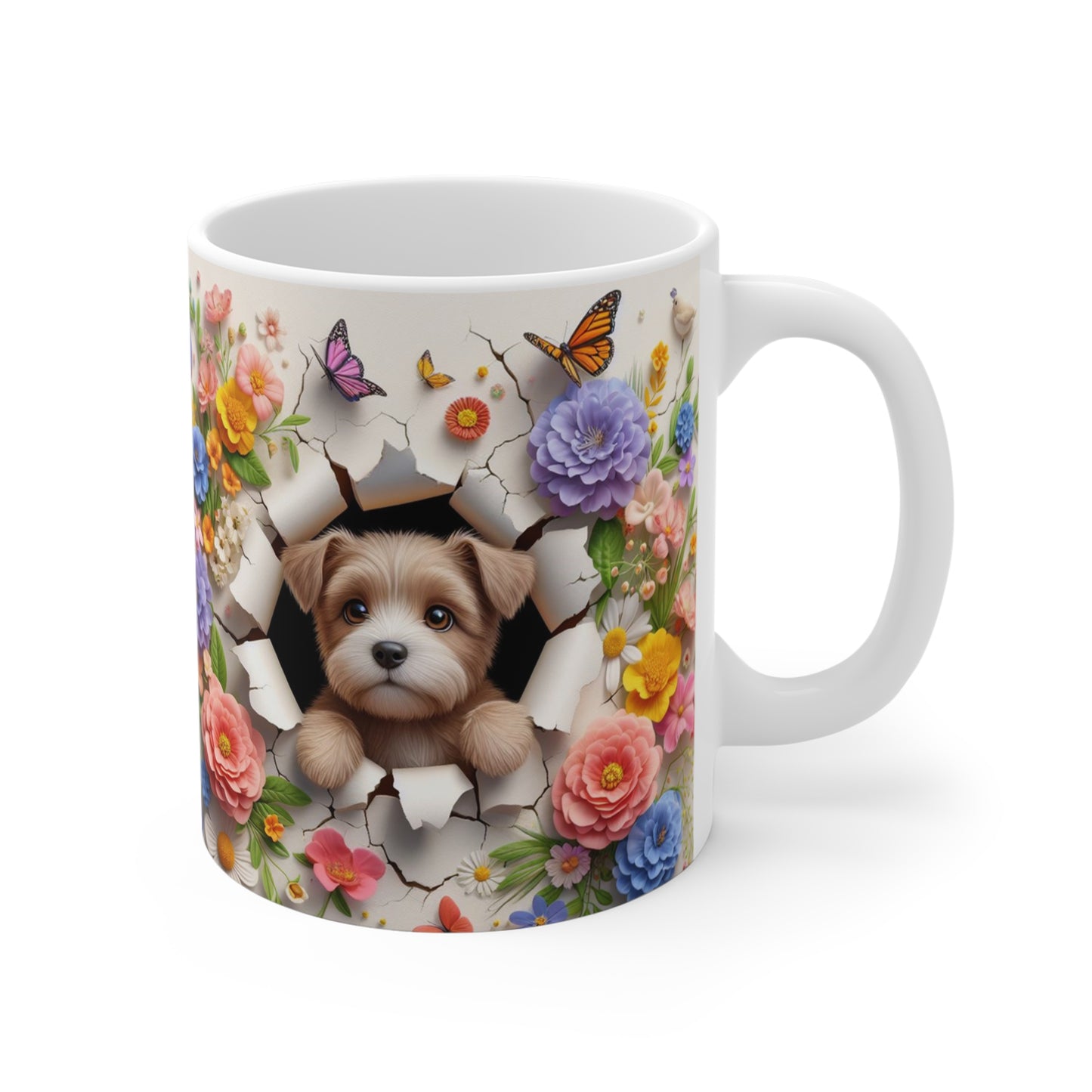Tasse Céramique Chiot Terrier et Fleurs – Mug Chien Mignon Papillons – Cadeau Animaux Bohème 325ml