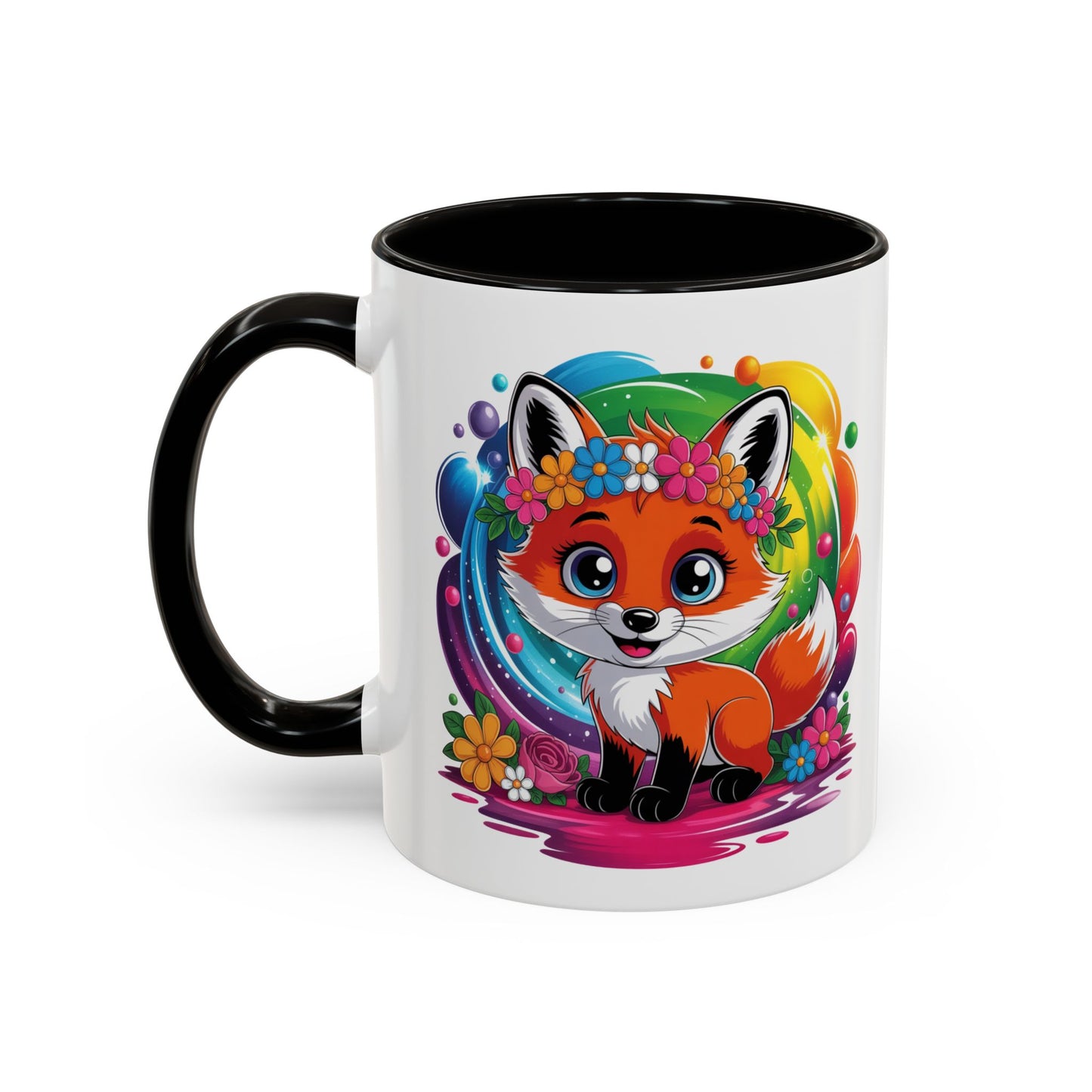 Mug Renard Mignon Multicolore – Tasse Design Kawaii Renard et Fleurs Arc-en-ciel – Cadeau Original 325ml