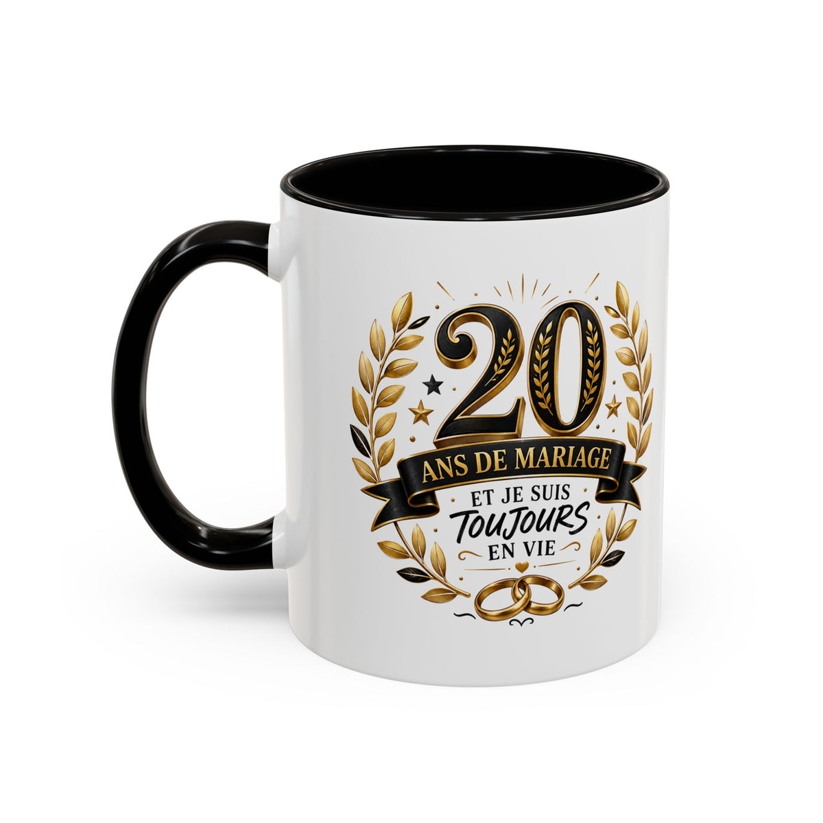 Mug 20 Ans de Mariage et Je Suis Toujours en Vie – Tasse Humoristique Anniversaire de Mariage – Idée Cadeau Couple Noces de Porcelaine noir bleu rouge