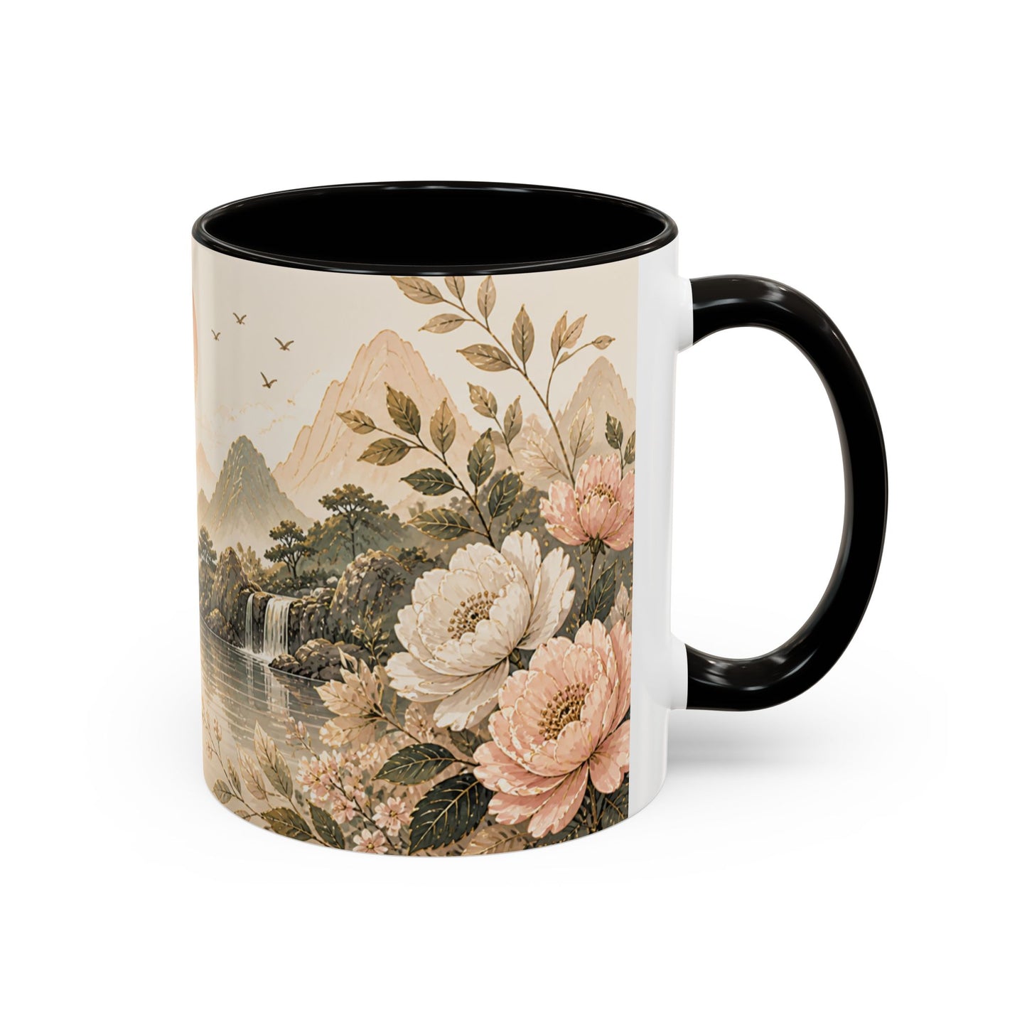 Tasse Paysage Japonais Zen – Mug Floral Beige avec Montagnes, Rivière et Ambiance Asiatique Apaisante 325ml