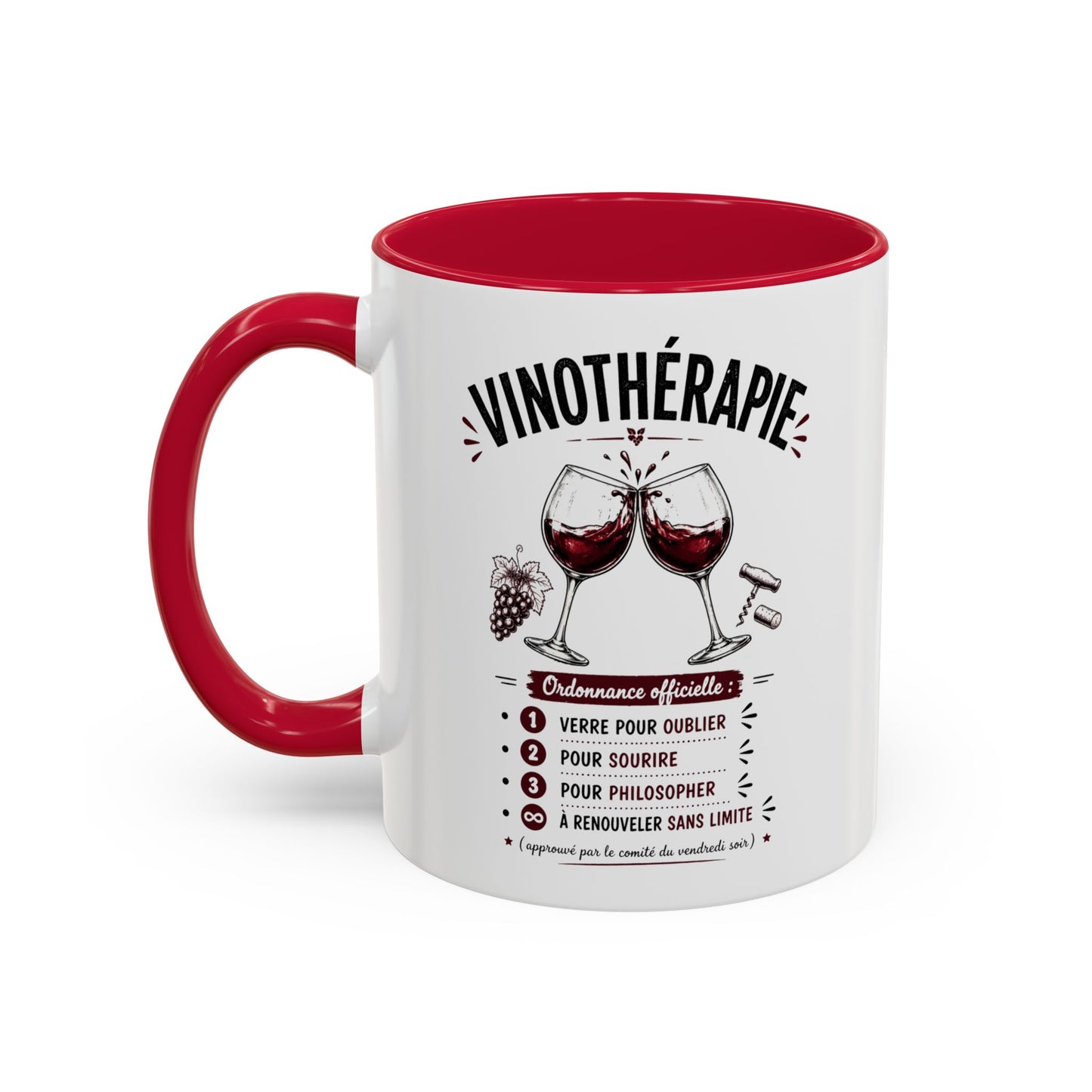 Mug Vinothérapie Drôle – Tasse Humour Vin Rouge et Apéro – Cadeau Original Amateur de Vin – Céramique 325ml Noir Bleu Rouge
