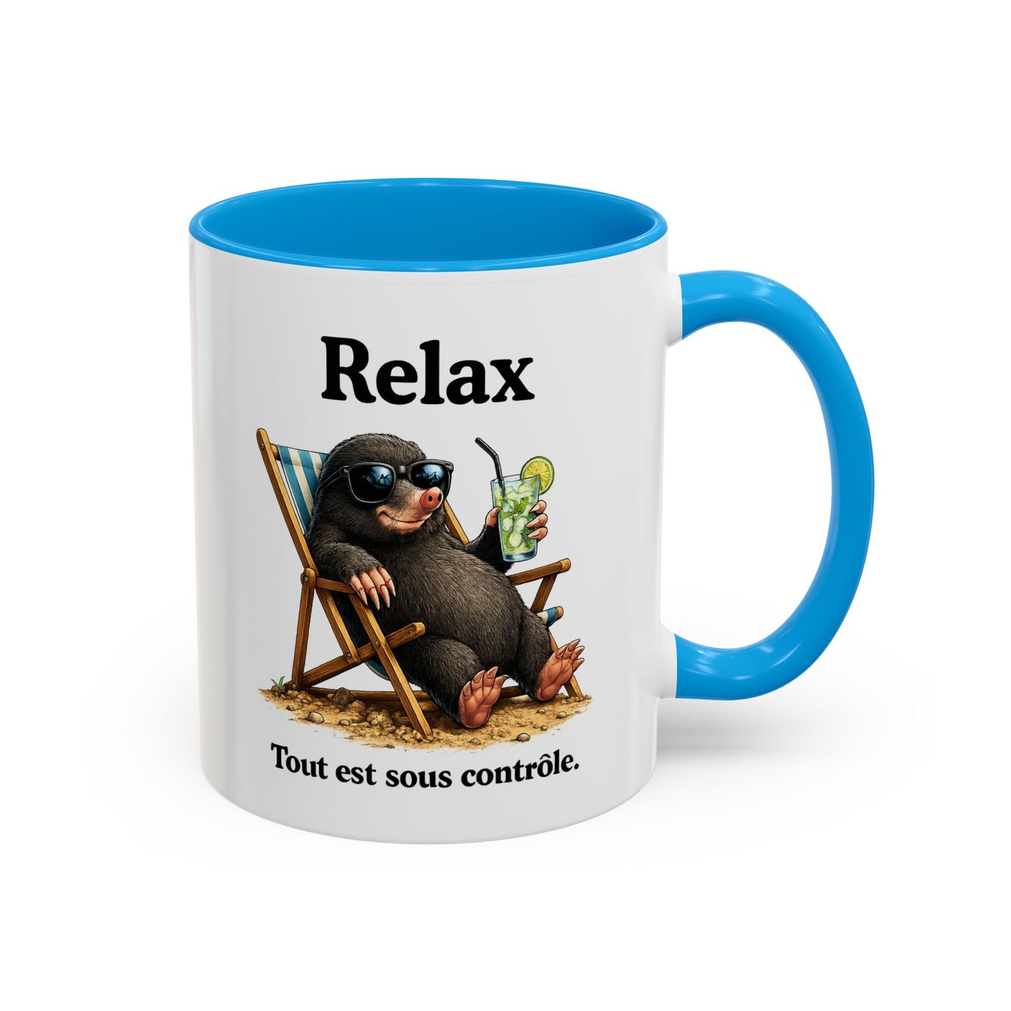 Mug Humoristique Taupe Relax – Tasse Café Détente Vacances – Cadeau Original Homme et Femme, Ami Collègue Noir Bleu Rouge