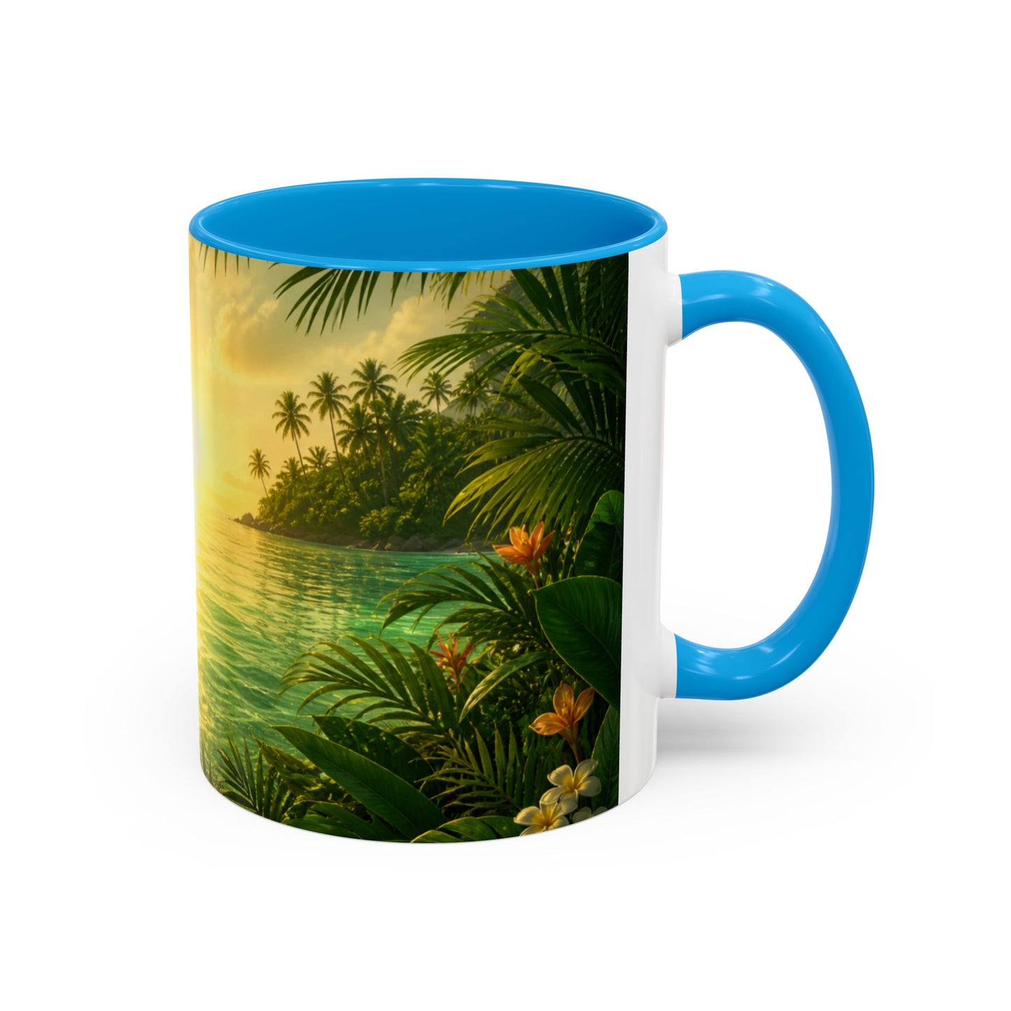 Tasse Plage Tropicale et Lagon – Mug Paysage Paradis Exotique – Design Nature et Palmiers – Céramique 325ml