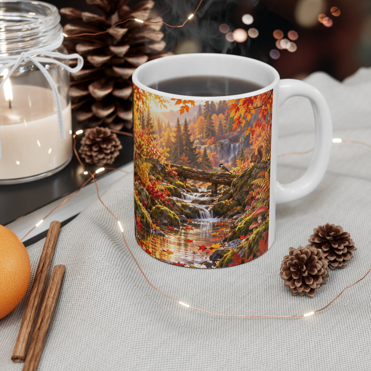 Mug Famille de Renards en Forêt d’Automne – Tasse Animaux Sauvages avec Feuilles, Rivière et Champignons – Cadeau Original Amoureux de la Nature