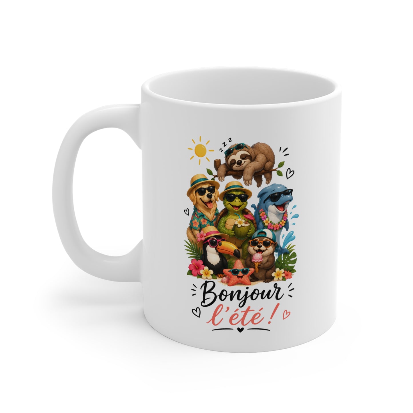 Tasse Bonjour l'Été – Mug Animaux Tropicaux Drôles – Paresseux Dauphin Tortue Toucan Chien Étoile de Mer 325 ml