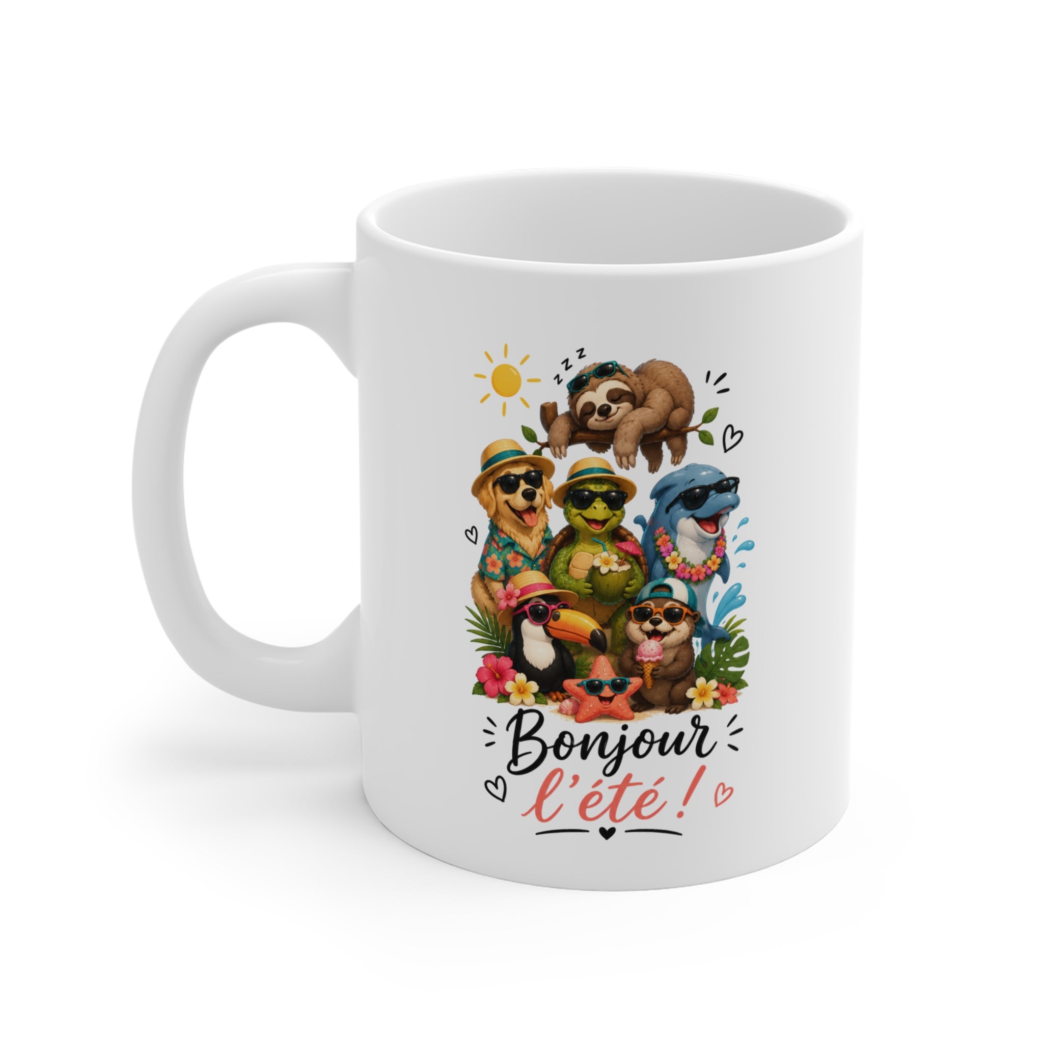 Tasse Bonjour l'Été – Mug Animaux Tropicaux Drôles – Paresseux Dauphin Tortue Toucan Chien Étoile de Mer 325 ml