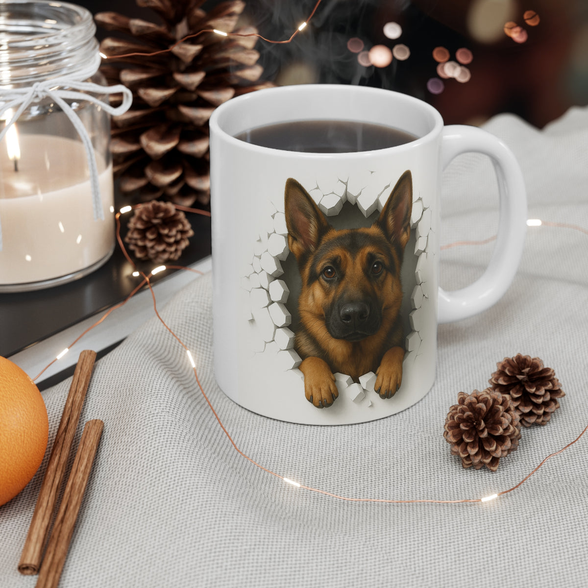 Mug Berger Allemand Effet Mur Cassé – Tasse Chien 3D Trompe-l’œil – Cadeau Original Amoureux du Berger Allemand