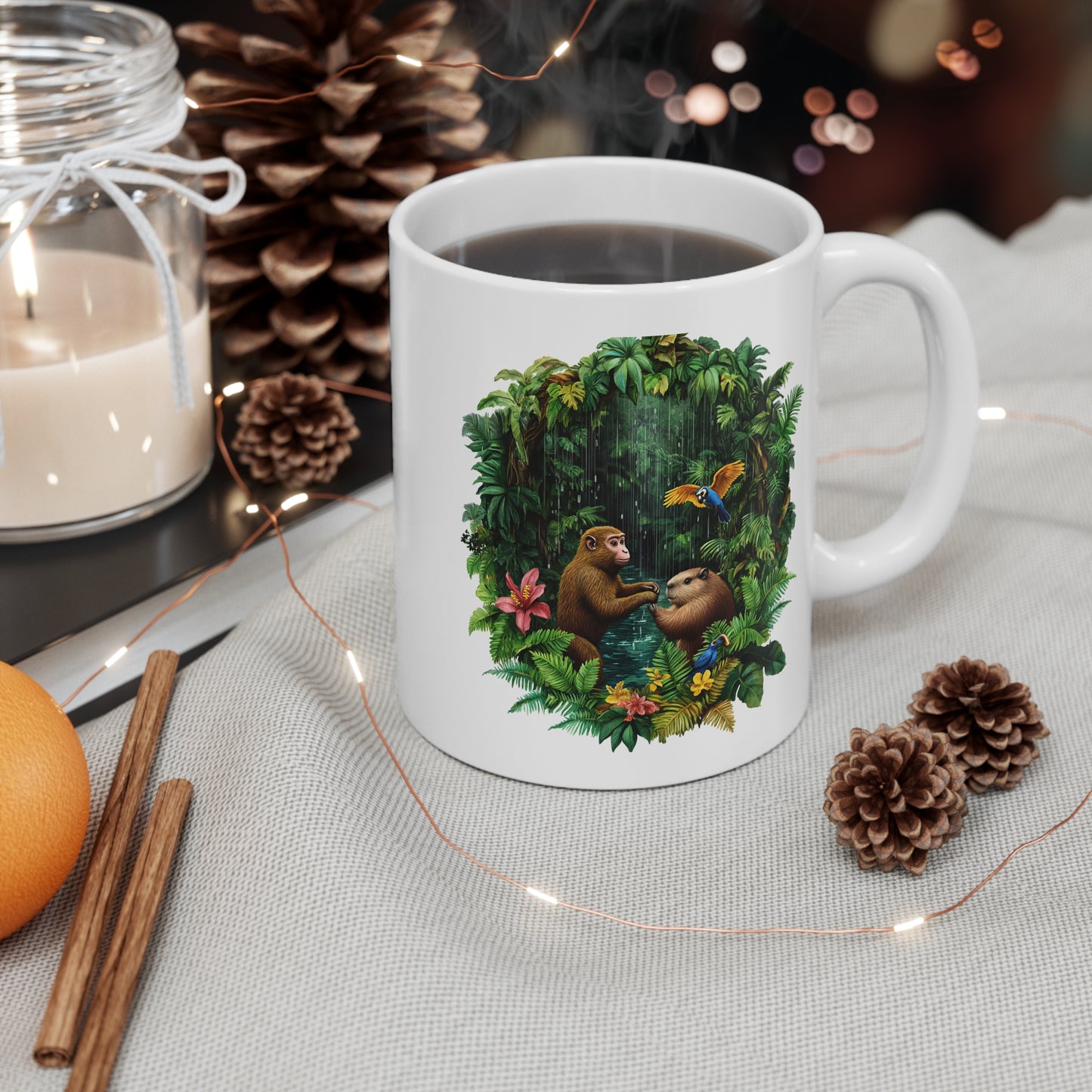 Tasse Jungle Tropicale – Mug Céramique 325 ml – Singe, Capybara et Perroquets Colorés