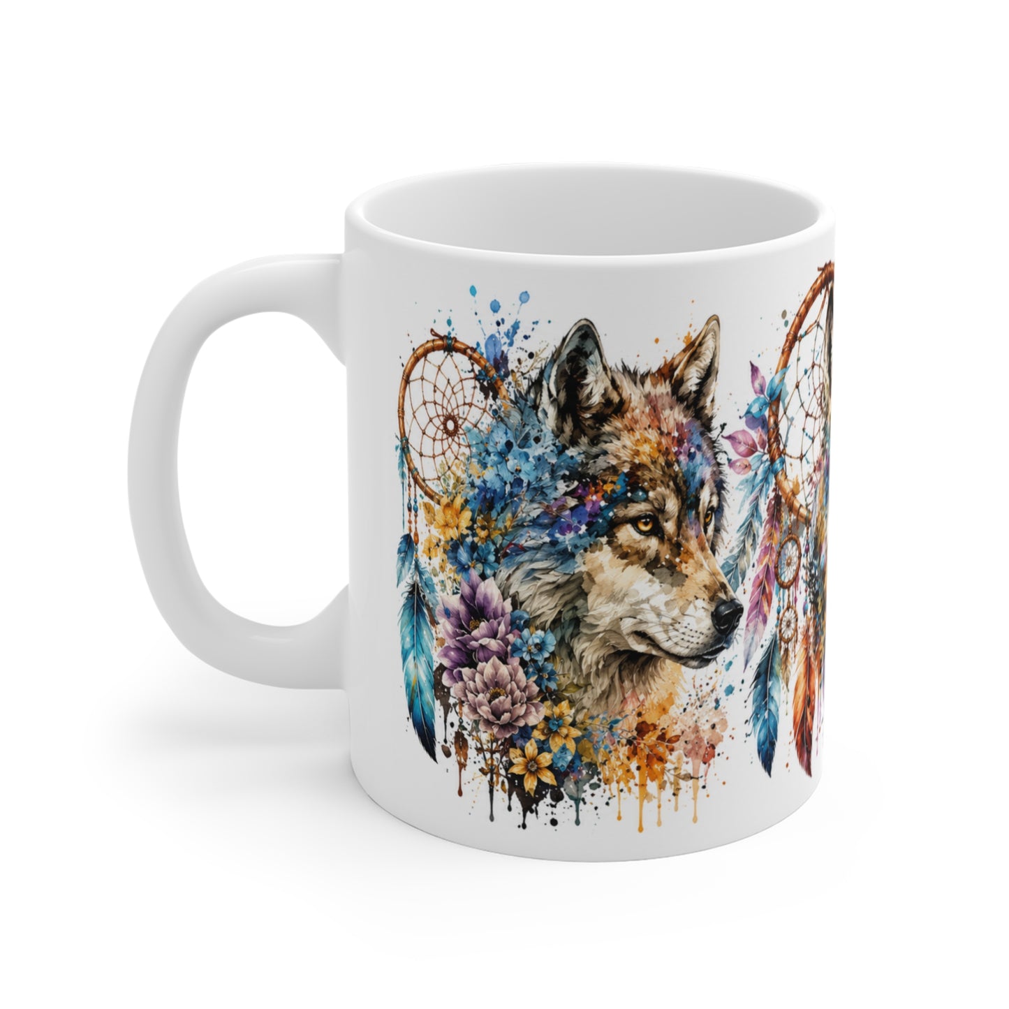 Tasse Loups Bohème – Mug Attrape-Rêves Floral et Loup Aquarelle – Cadeau Nature Spirituelle Homme Femme 325ml