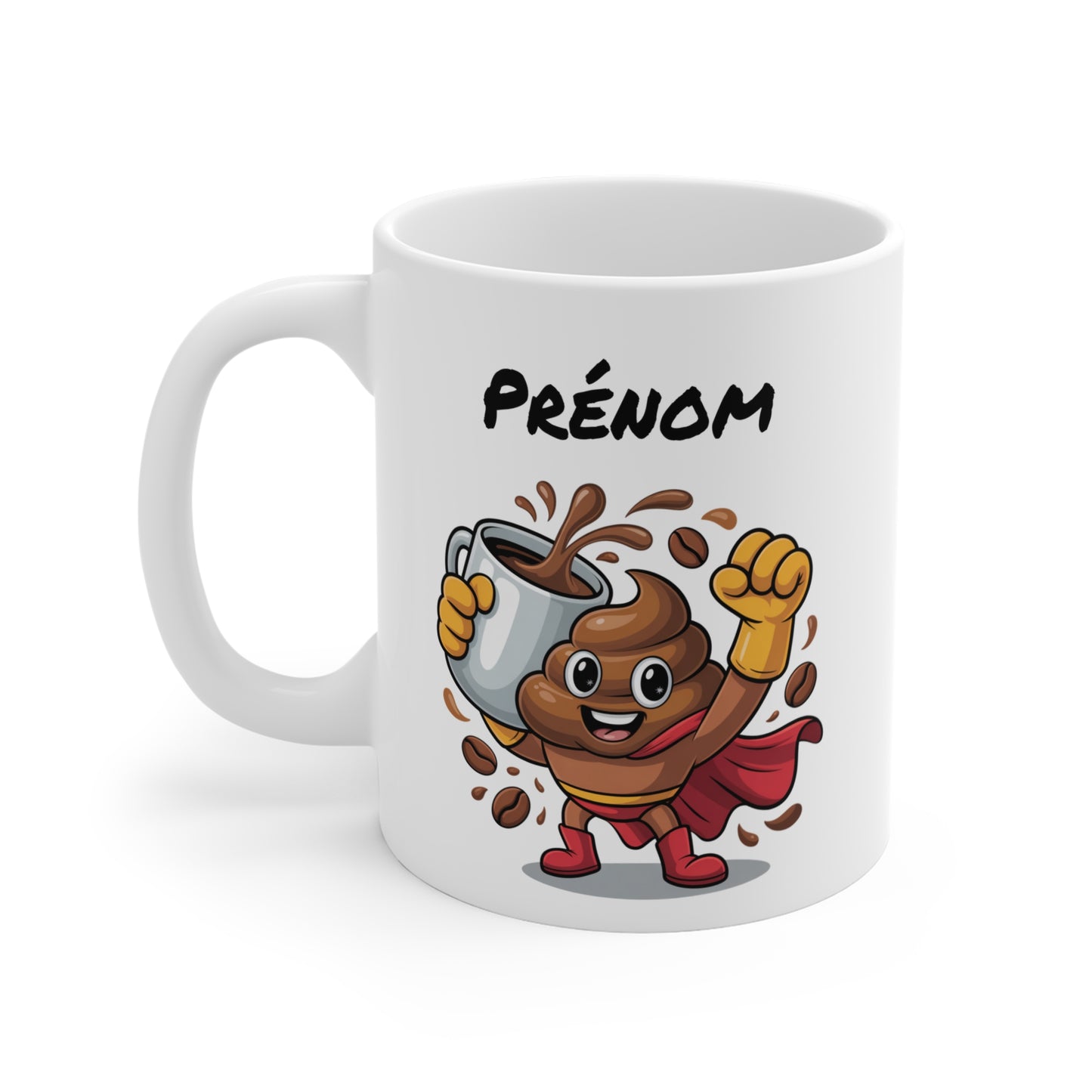 Mug Personnalisable Super Caca Café – Tasse Humoristique Héros Marron avec Cape Rouge – Cadeau Drôle