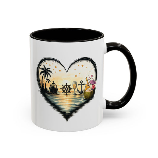 Tasse Cœur Tropical Mer et Cocktail – Mug Ambiance Vacances Palmier Bateau – Cadeau Été et Détente – Céramique 325ml