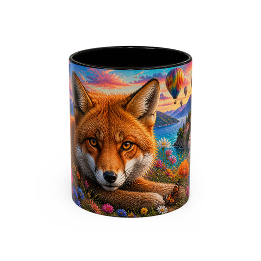 Tasse Renard et Fleurs Colorées – Mug Animal Nature et Montgolfières – Design Artistique Féérique – Céramique 325ml