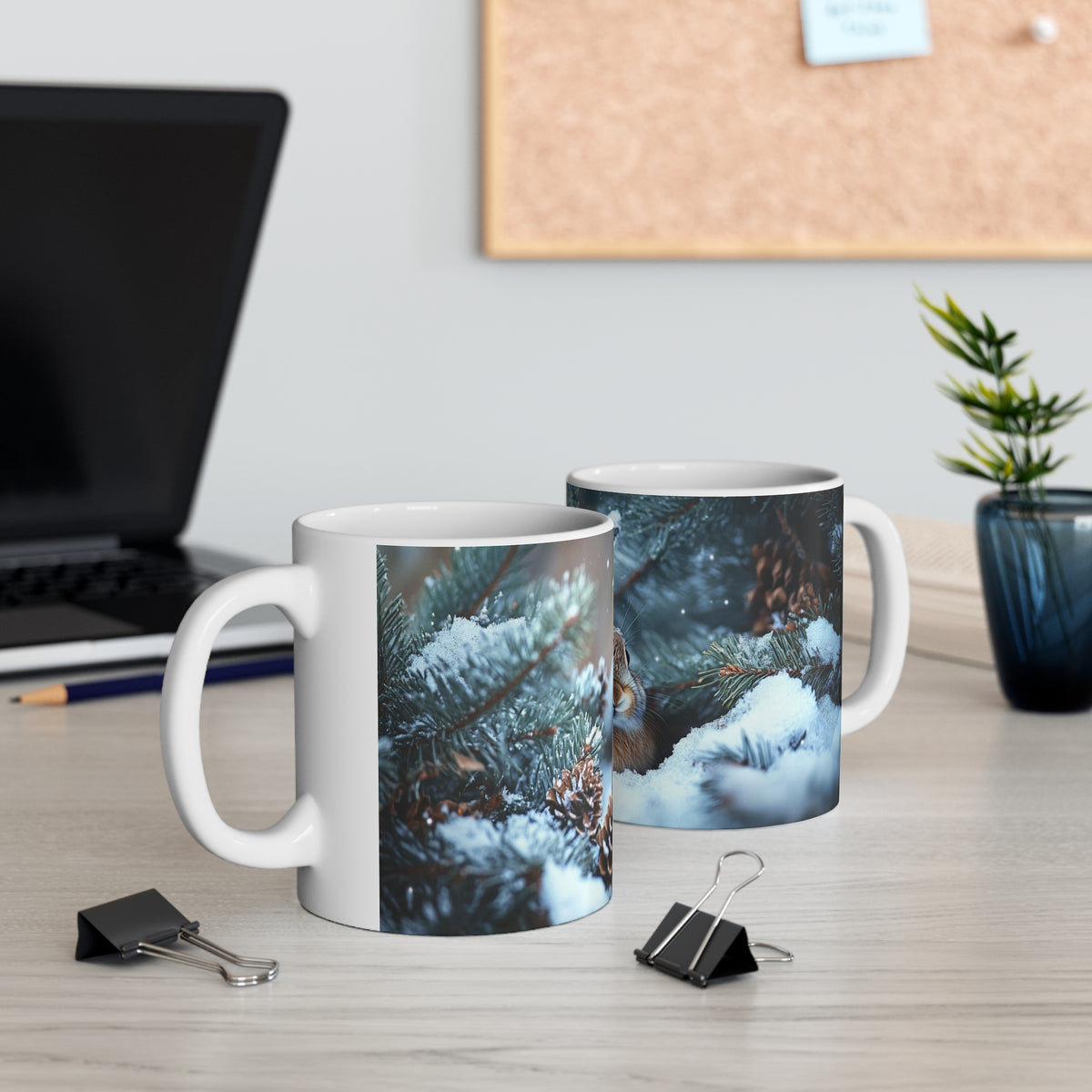 Mug Lapin dans la Neige – Tasse Hiver Forêt Enneigée avec Pommes de Pin – Cadeau Original Amoureux des Lapins et de la Nature