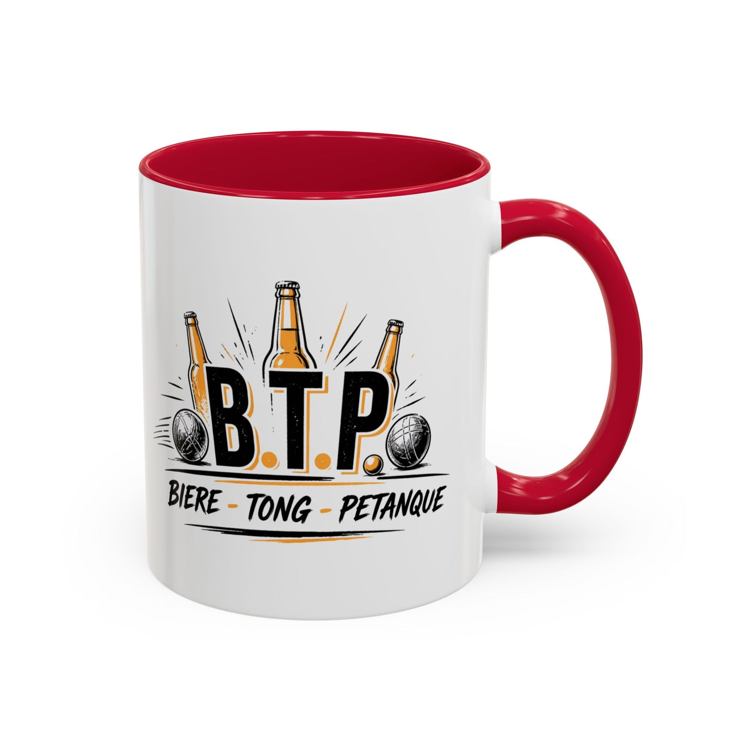 Mug B.T.P. Humoristique – Tasse Bière Tong Pétanque – Cadeau Original Apéro et Pétanque – Céramique 325ml Noir Bleu Rouge