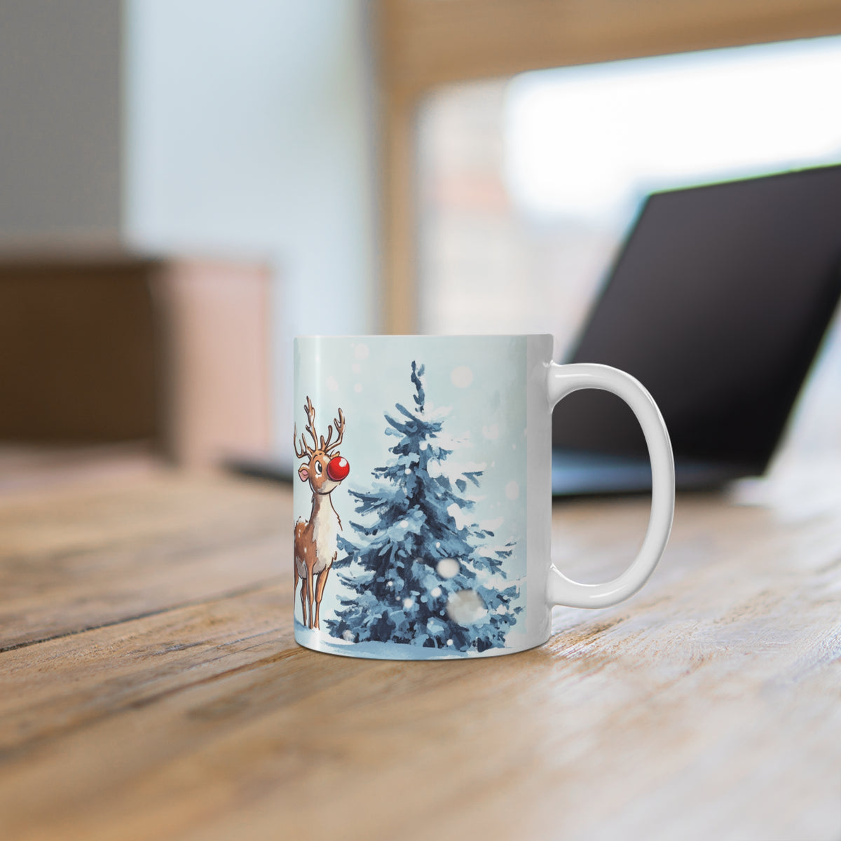 Mug Renne de Noël au Nez Rouge – Tasse Hiver Sapin Enneigé Style Aquarelle – Cadeau Noël Homme Femme