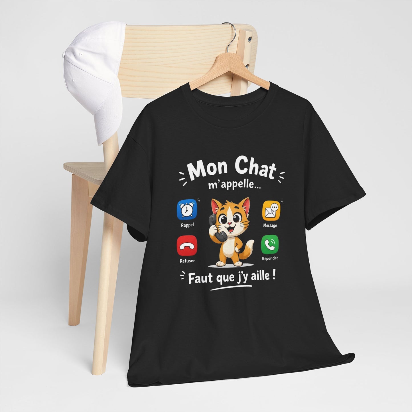 Tee Shirt Mon Chat M’Appelle Faut Que J’Y Aille – T-Shirt Humour Propriétaire de Chat – Cadeau Femme Homme Amoureux des Chats