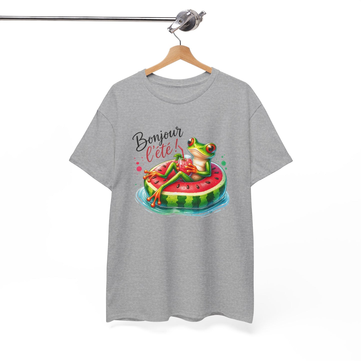 Tee-Shirt Bonjour l’Été Grenouille sur Bouée Pastèque – Cadeau Vacances Homme Femme Humour Soleil Plage