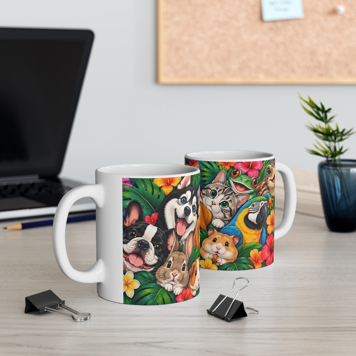 Mug Animaux Mignons dans un Décor Tropical – Tasse Chien, Chats, Lapin, Perroquet, Tortue et Grenouille – Cadeau Original Amoureux des Animaux
