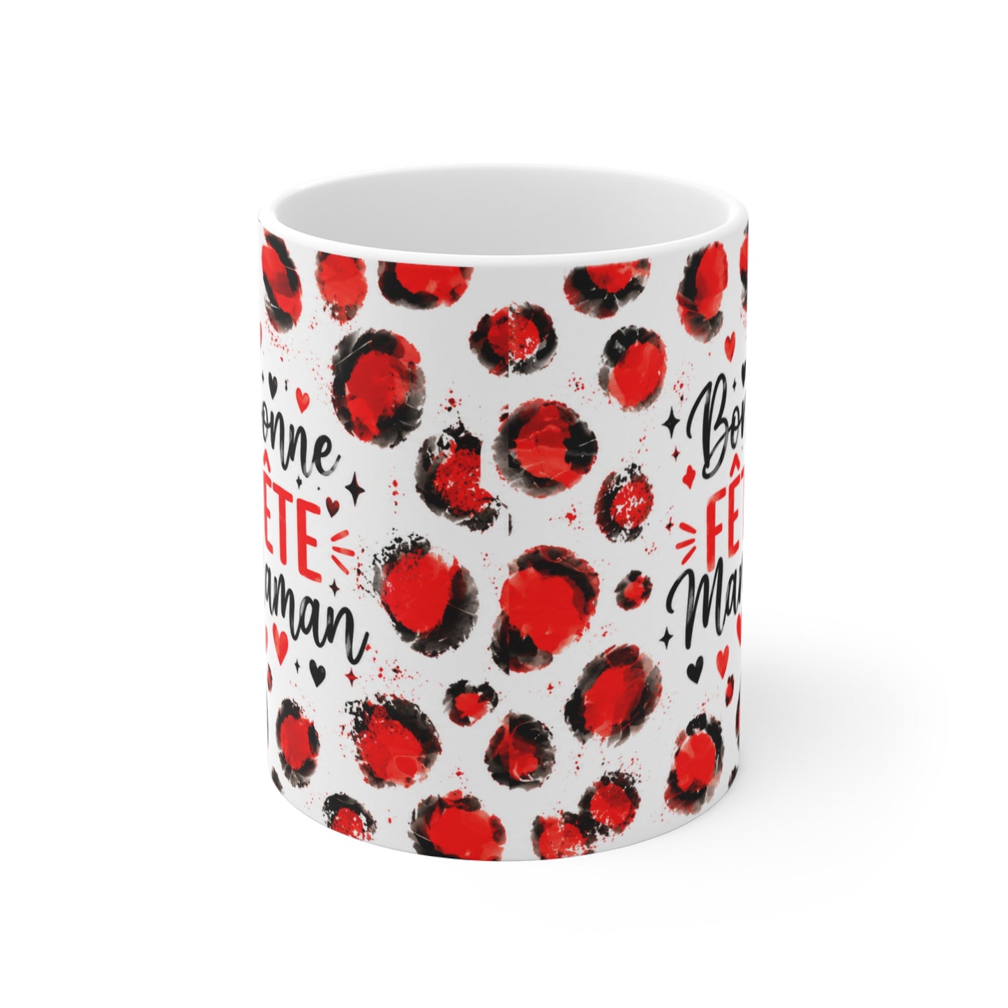 Tasse Bonne Fête Maman – Mug Cœurs Rouges et Noir Style Aquarelle – Cadeau Fête des Mères Femme 325ml