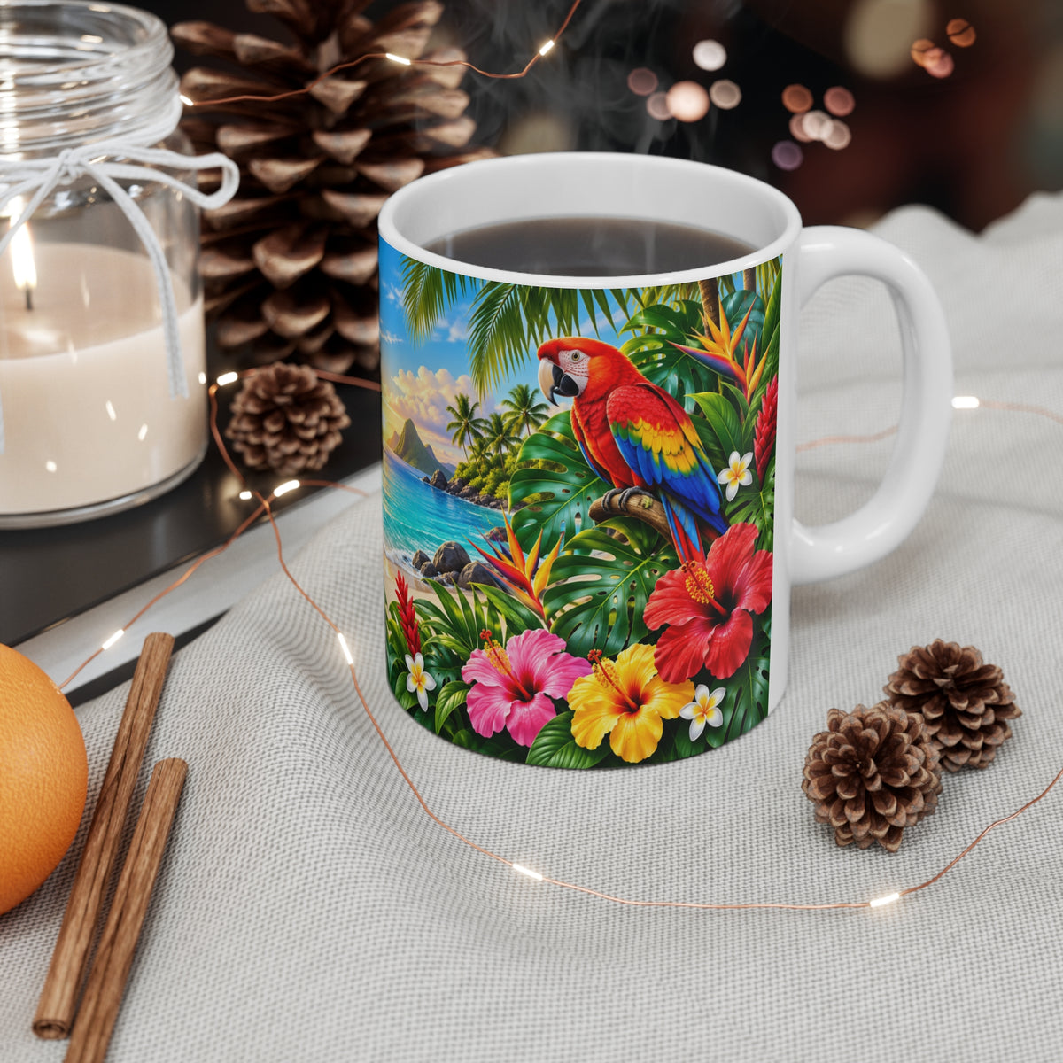 Mug Perroquets Ara dans un Paradis Tropical – Tasse Plage Exotique avec Fleurs, Palmiers et Coucher de Soleil – Cadeau Original Amoureux des Oiseaux