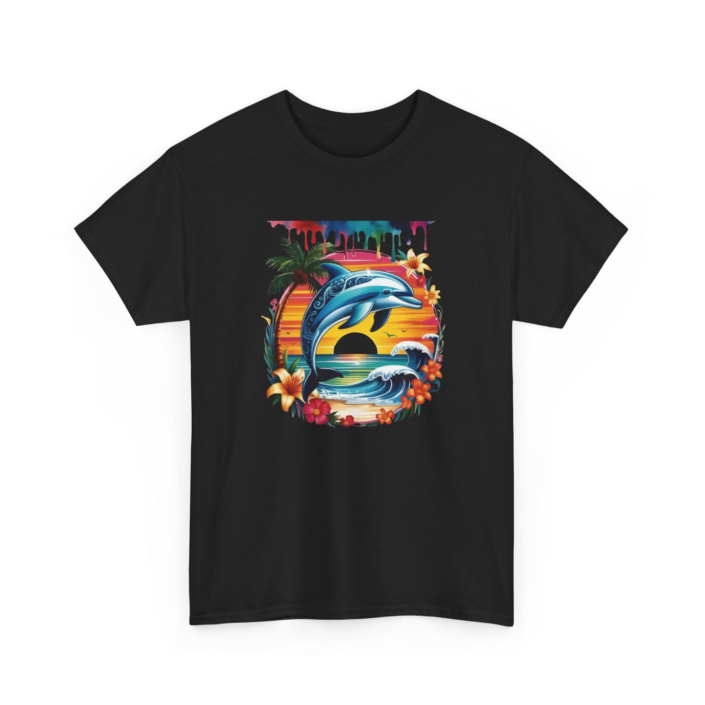 T-Shirt Dauphin Tropical Adulte – Dolphin Sunset Ocean Beach – Tee Shirt Été Vacances Noir Blanc Gris