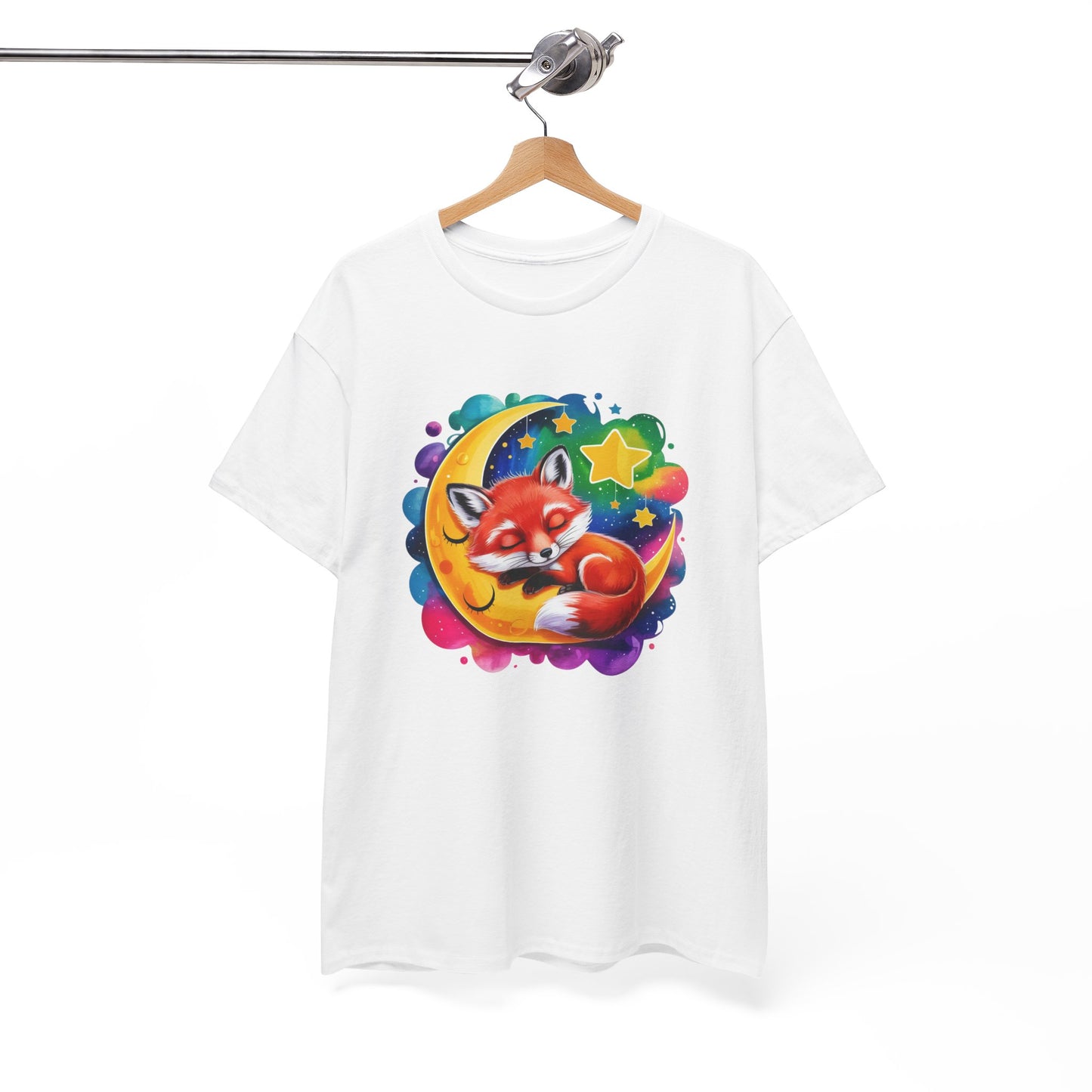 T-Shirt Renard Mignon Dormant sur Lune – Tee Shirt Nuit Étoilée Fantaisie – Cadeau Animal Cute Rêve Noir Blanc Gris