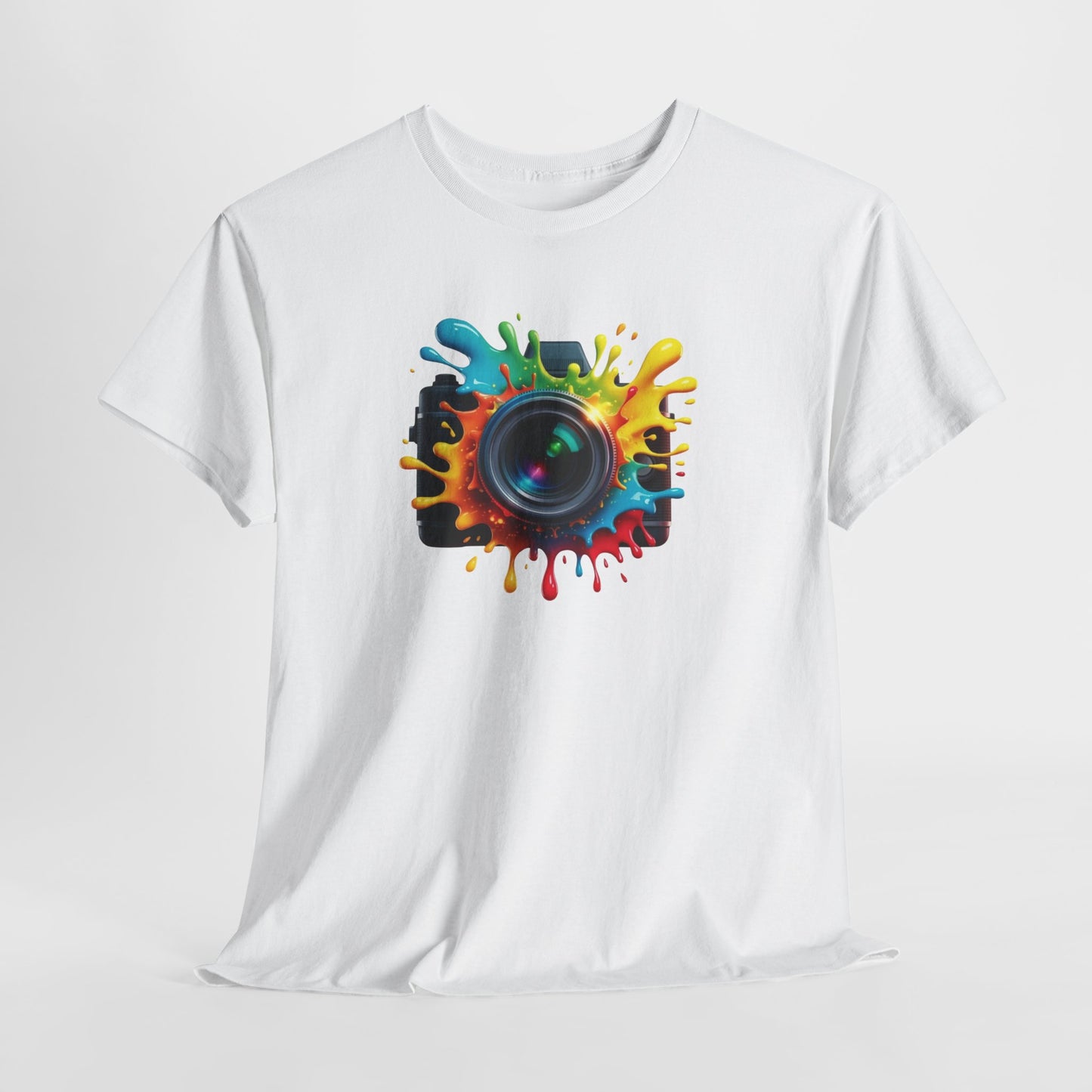 T-Shirt Photographie Appareil Photo Coloré – Tee Shirt Camera Splash Art – Cadeau Photographe Original Noir Blanc Gris
