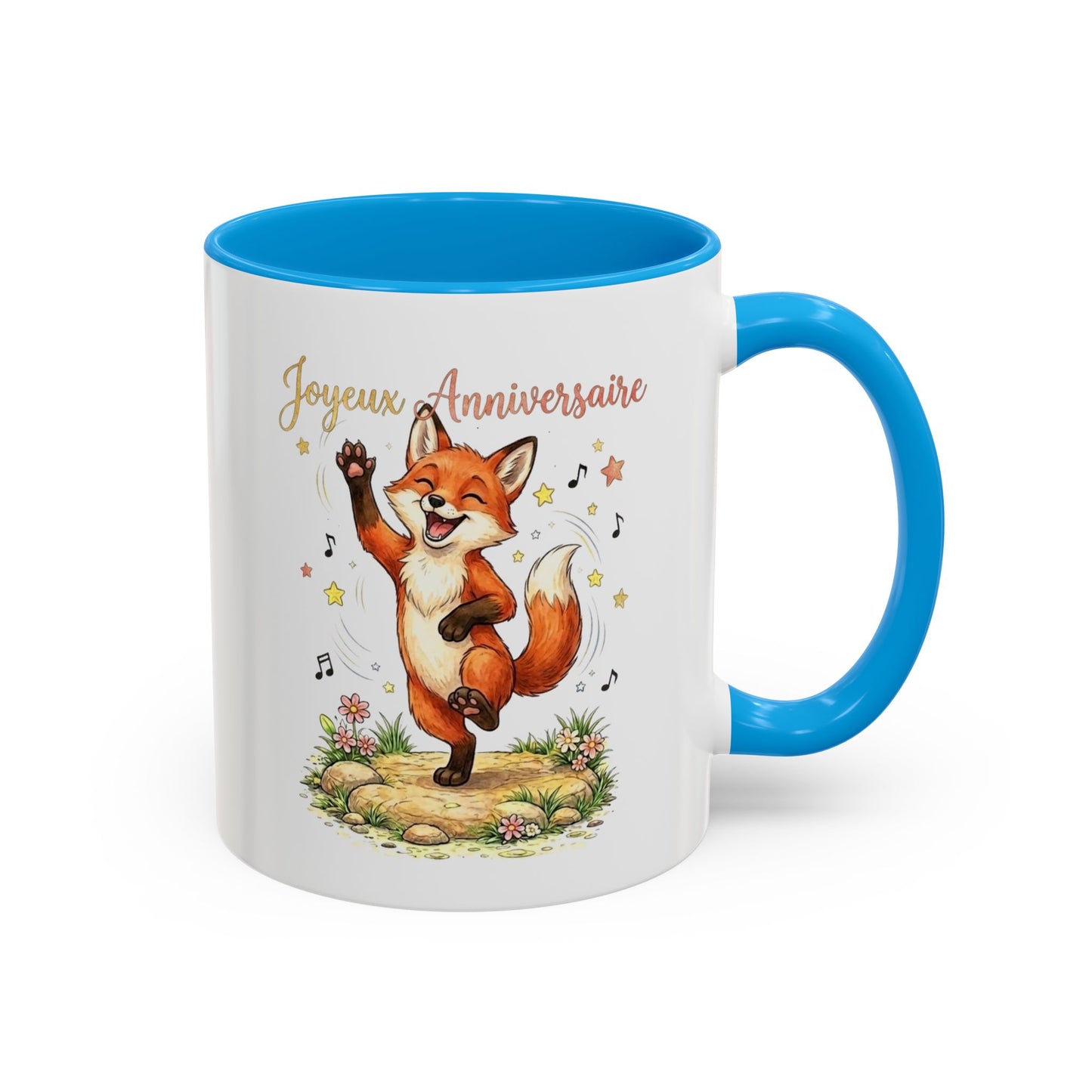 Mug Anniversaire Renard – Tasse Cadeau Anniversaire Original – Renard  Dansant – Homme et Femme , Enfant , Noir Bleu Rouge