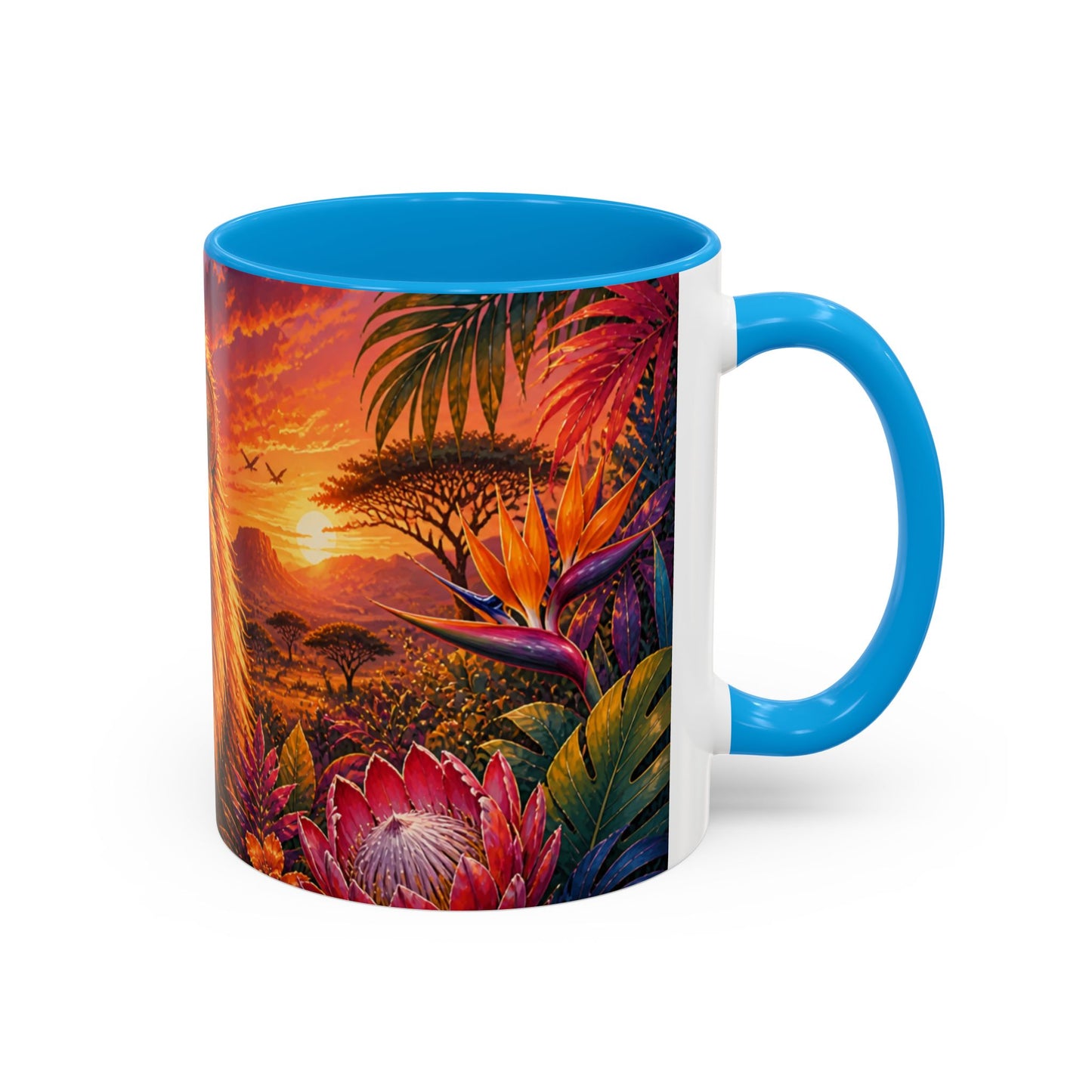 Tasse Lion Tropical – Mug Safari avec Lion Majestueux, Fleurs Exotiques et Couché de Soleil Africain – Design Jungle 325ml