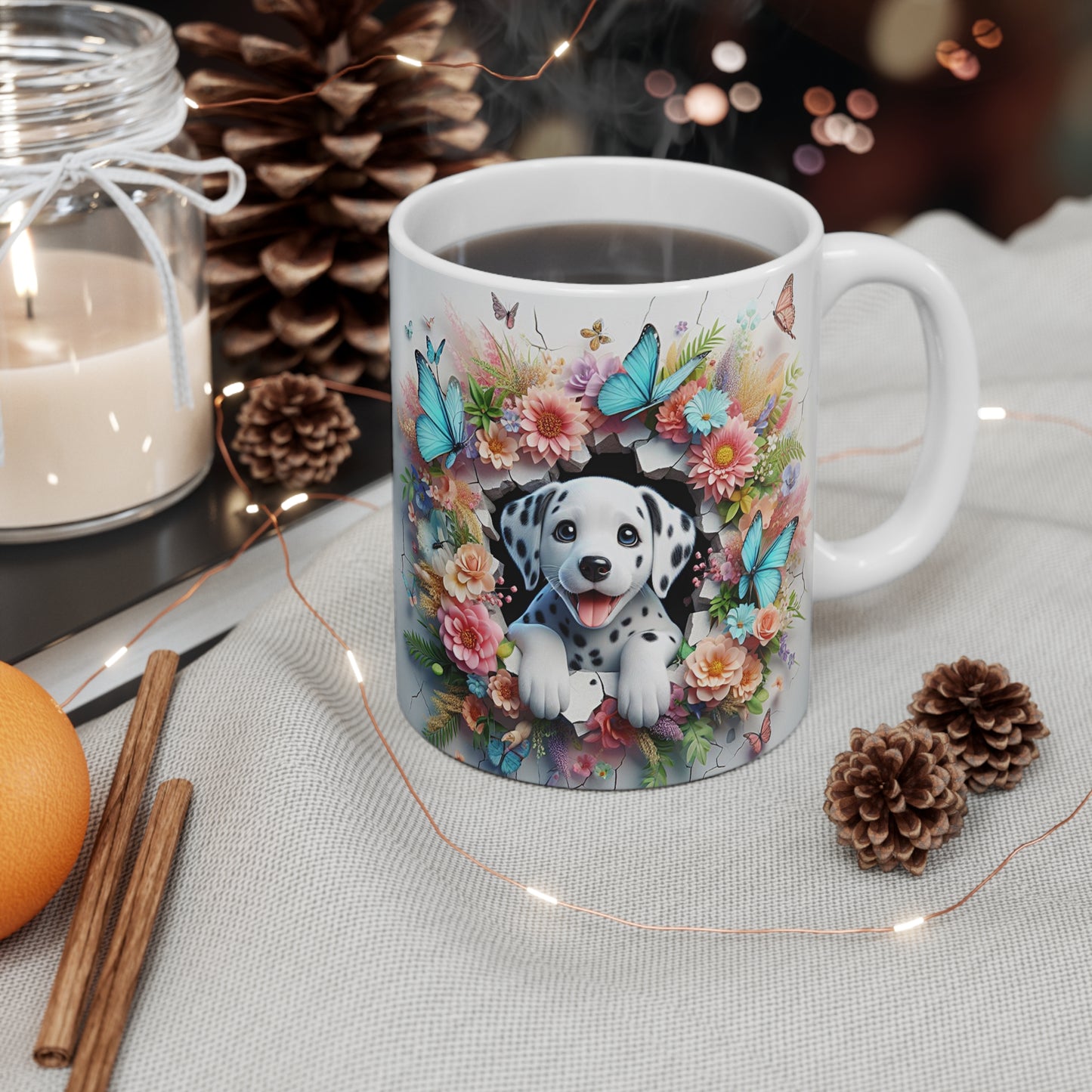 Tasse Céramique Dalmatien et Fleurs – Mug Chien Mignon Papillons – Cadeau Animaux Bohème 325ml