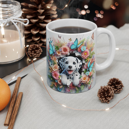 Tasse Céramique Dalmatien et Fleurs – Mug Chien Mignon Papillons – Cadeau Animaux Bohème 325ml