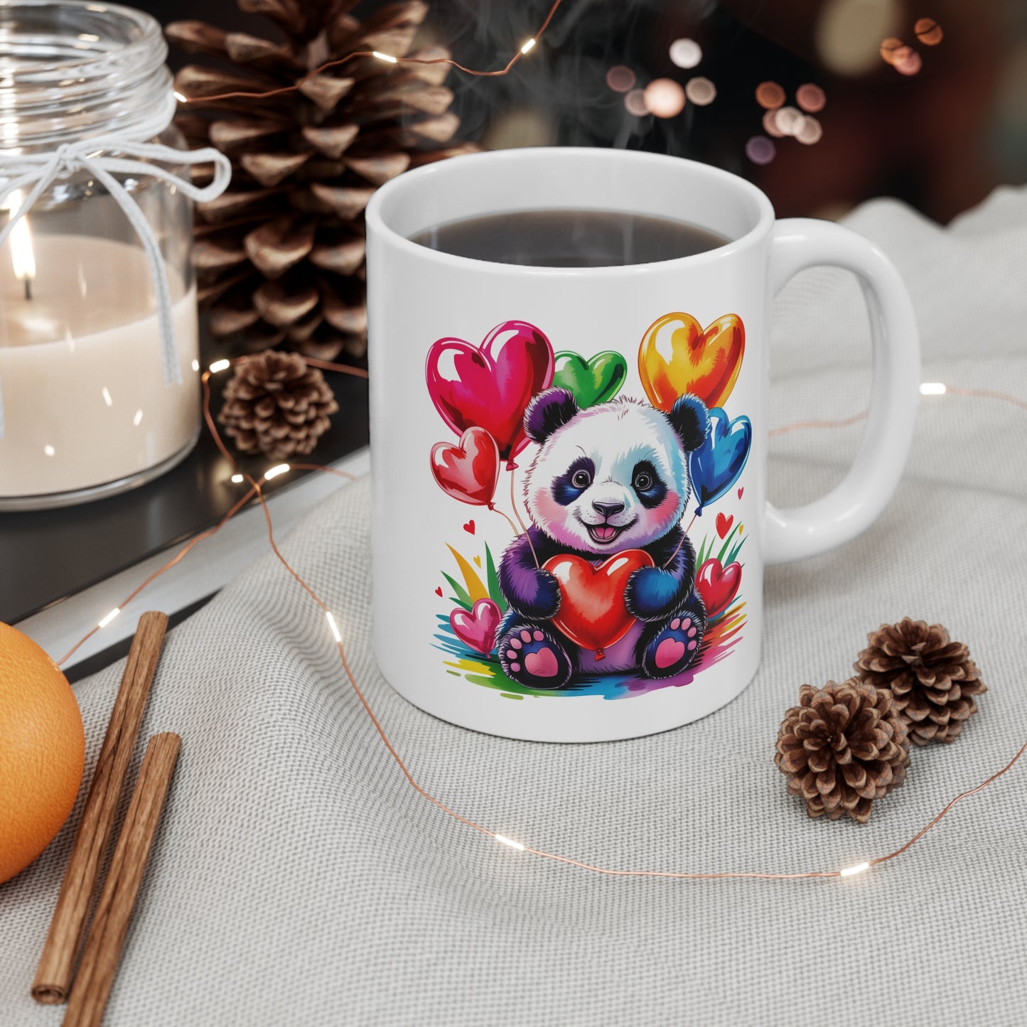 Tasse Panda Mignon avec Ballons Cœur – Mug Kawaii Love et Arc-en-Ciel – Design Cute et Romantique – Cadeau Original Femme, Enfant et Saint-Valentin – Céramique 325ml
