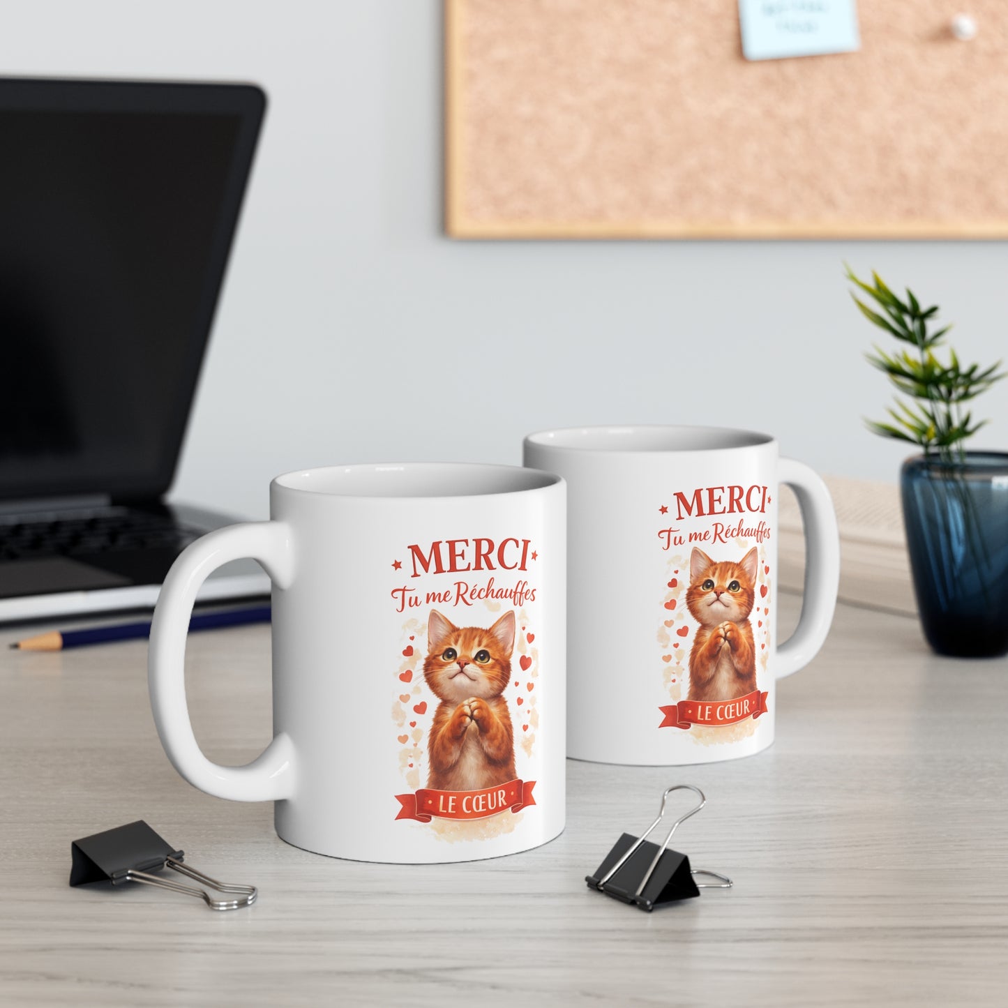 Mug Chat Amour – Merci Tu Me Réchauffes Le Cœur – Tasse Cadeau Mignon avec Chat et Cœurs – Idée Cadeau