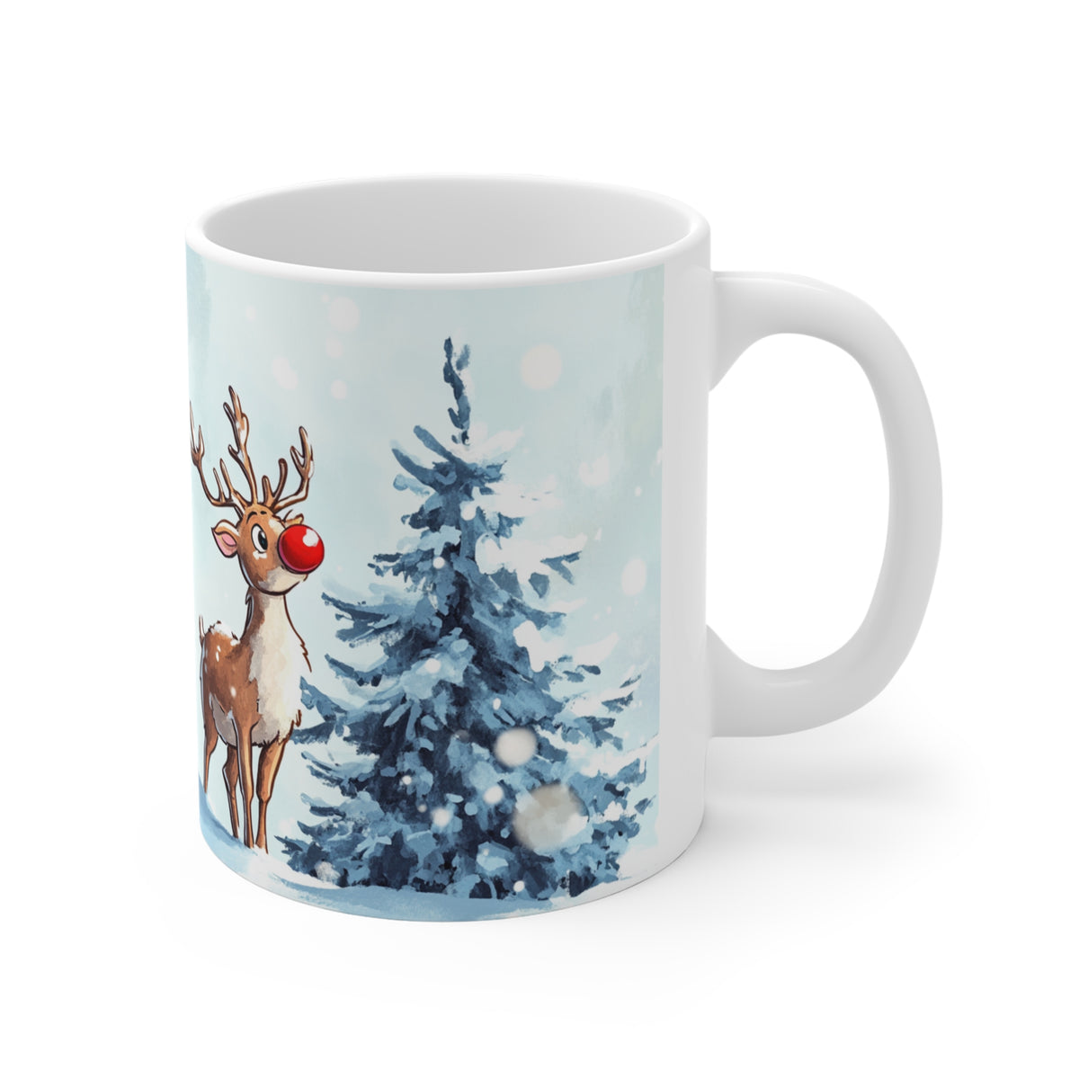 Mug Renne de Noël au Nez Rouge – Tasse Hiver Sapin Enneigé Style Aquarelle – Cadeau Noël Homme Femme