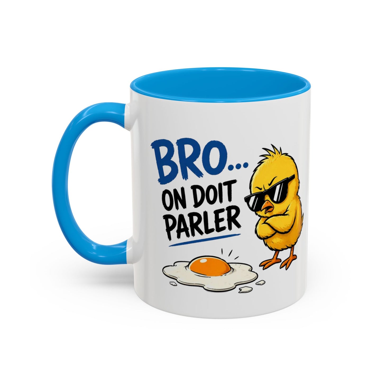 Mug Humour Poussin – Bro On Doit Parler – Tasse Drôle et Décalée – Cadeau Original Fun Céramique 325ml Noir Bleu Rouge