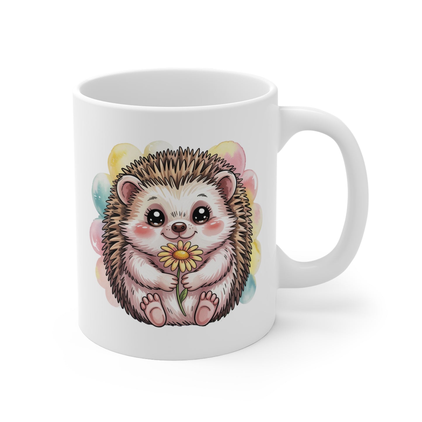Mug Hérisson Mignon 325ml – Tasse Céramique Fleur Jaune Fond Pastel – Cadeau Original Douceur