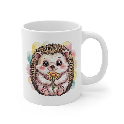 Mug Hérisson Mignon 325ml – Tasse Céramique Fleur Jaune Fond Pastel – Cadeau Original Douceur