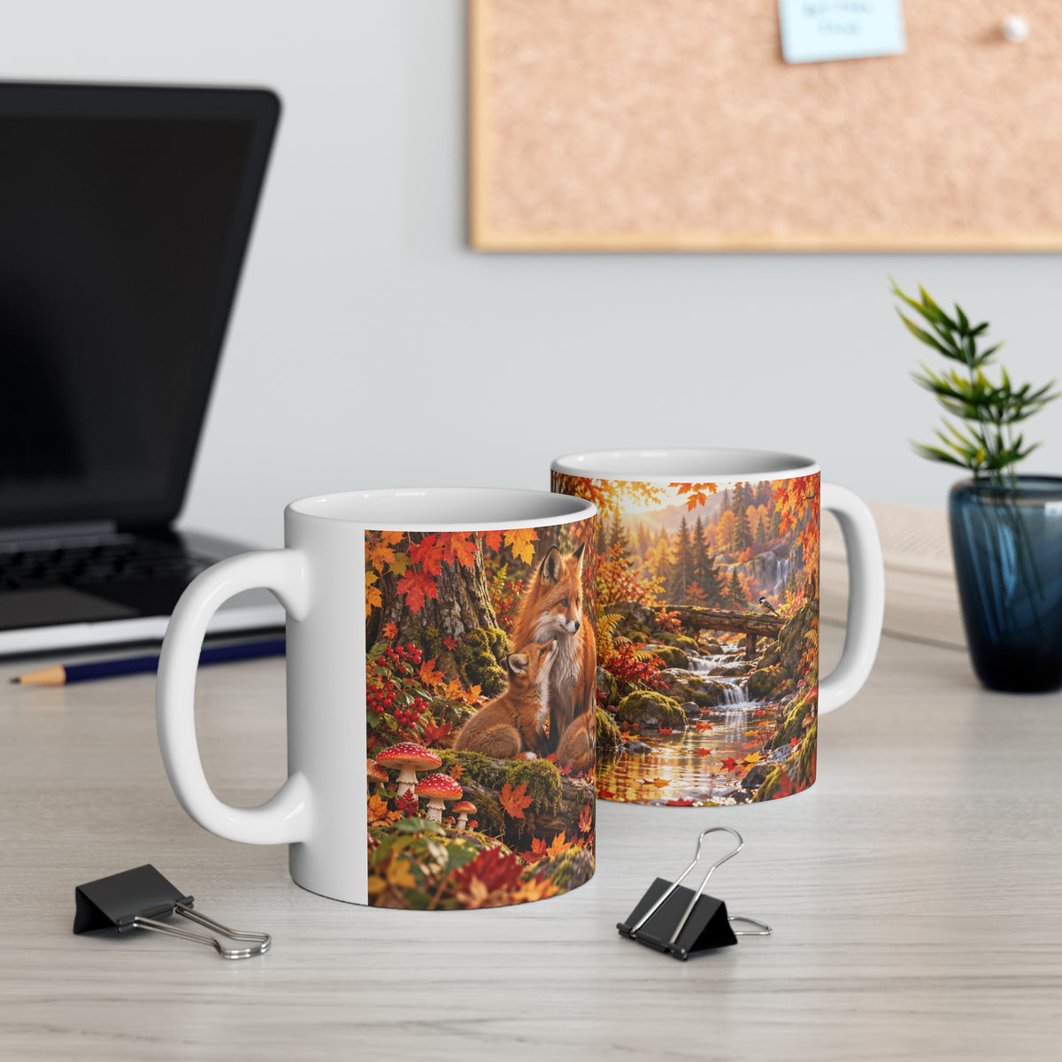 Mug Famille de Renards en Forêt d’Automne – Tasse Animaux Sauvages avec Feuilles, Rivière et Champignons – Cadeau Original Amoureux de la Nature