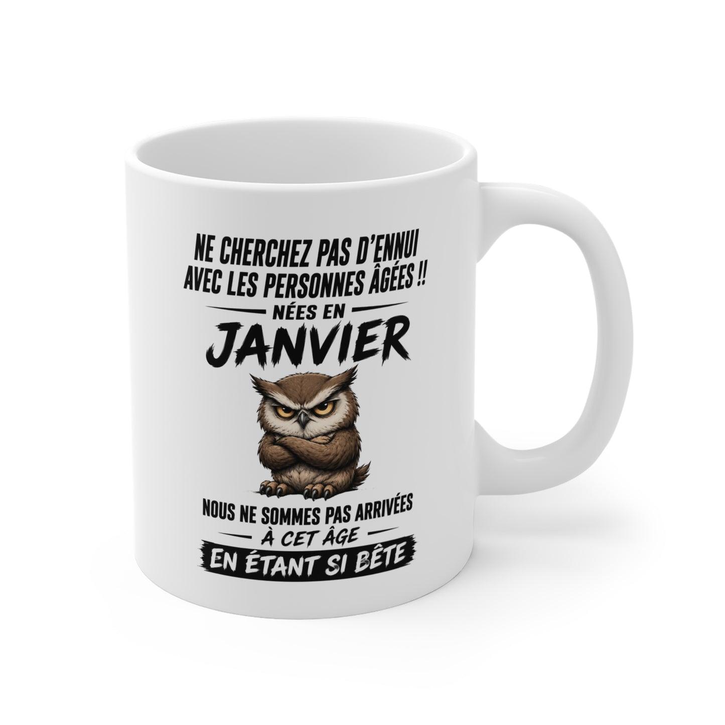 Tasse Retraite Janvier Humour – Mug Personne Âgée Chouette Drôle – Cadeau Retraité 325ml