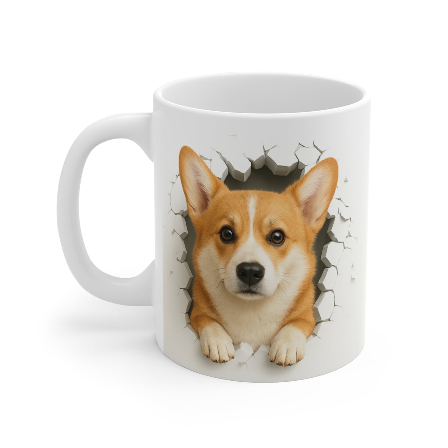 Mug Corgi Effet Mur Cassé – Tasse Chien 3D Trompe-l’œil – Cadeau Original Amoureux du Corgi