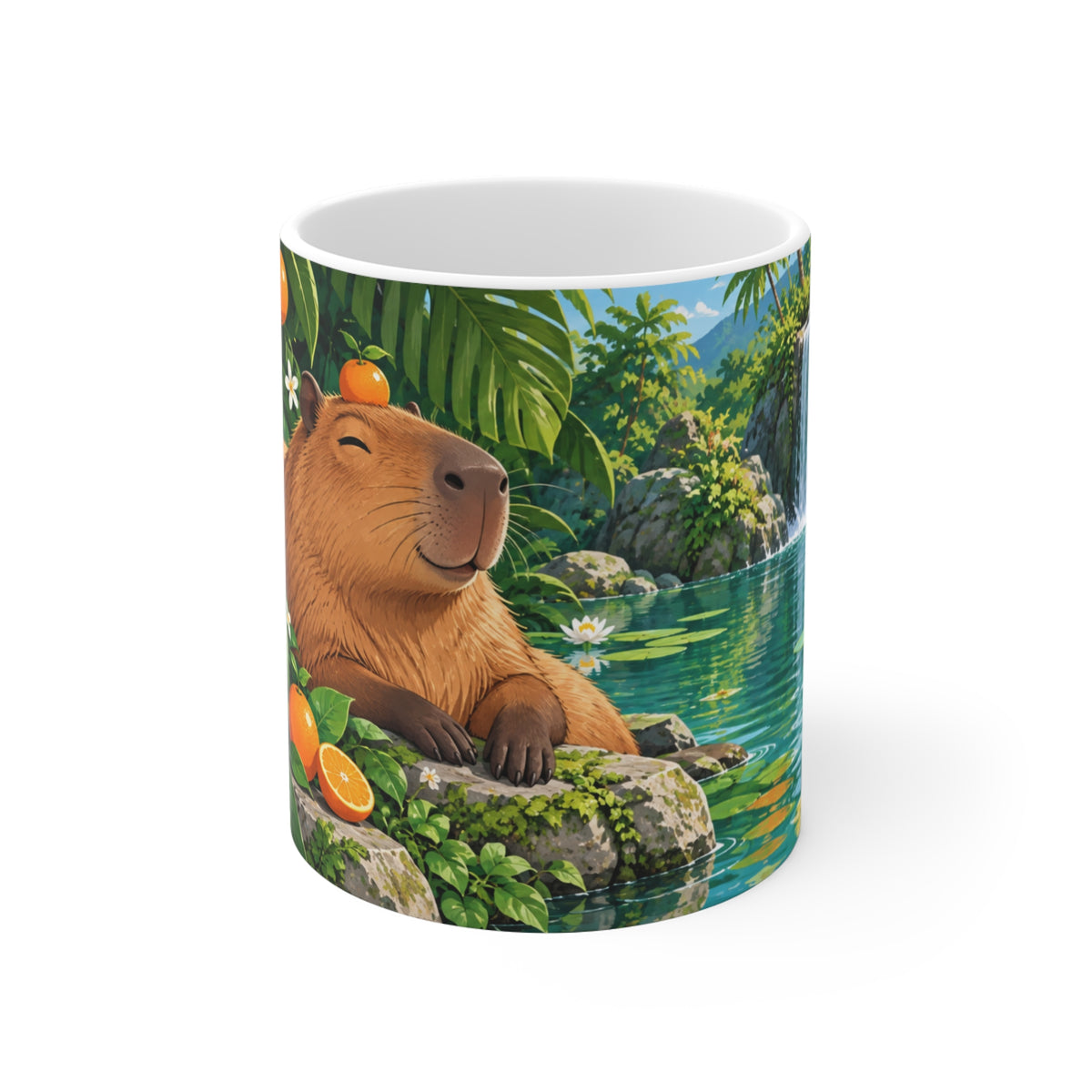 Mug Capybara dans un Paradis Tropical – Tasse Animal Mignon avec Cascade, Fleurs et Oranges – Cadeau Original Amoureux des Animaux