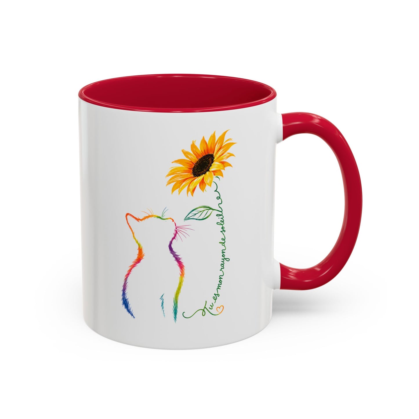 Mug Chat et Tournesol – Tasse Chat Colorée Amour Bonheur – Cadeau Original Amoureux des Chats Homme et Femme Noir Bleu Rouge