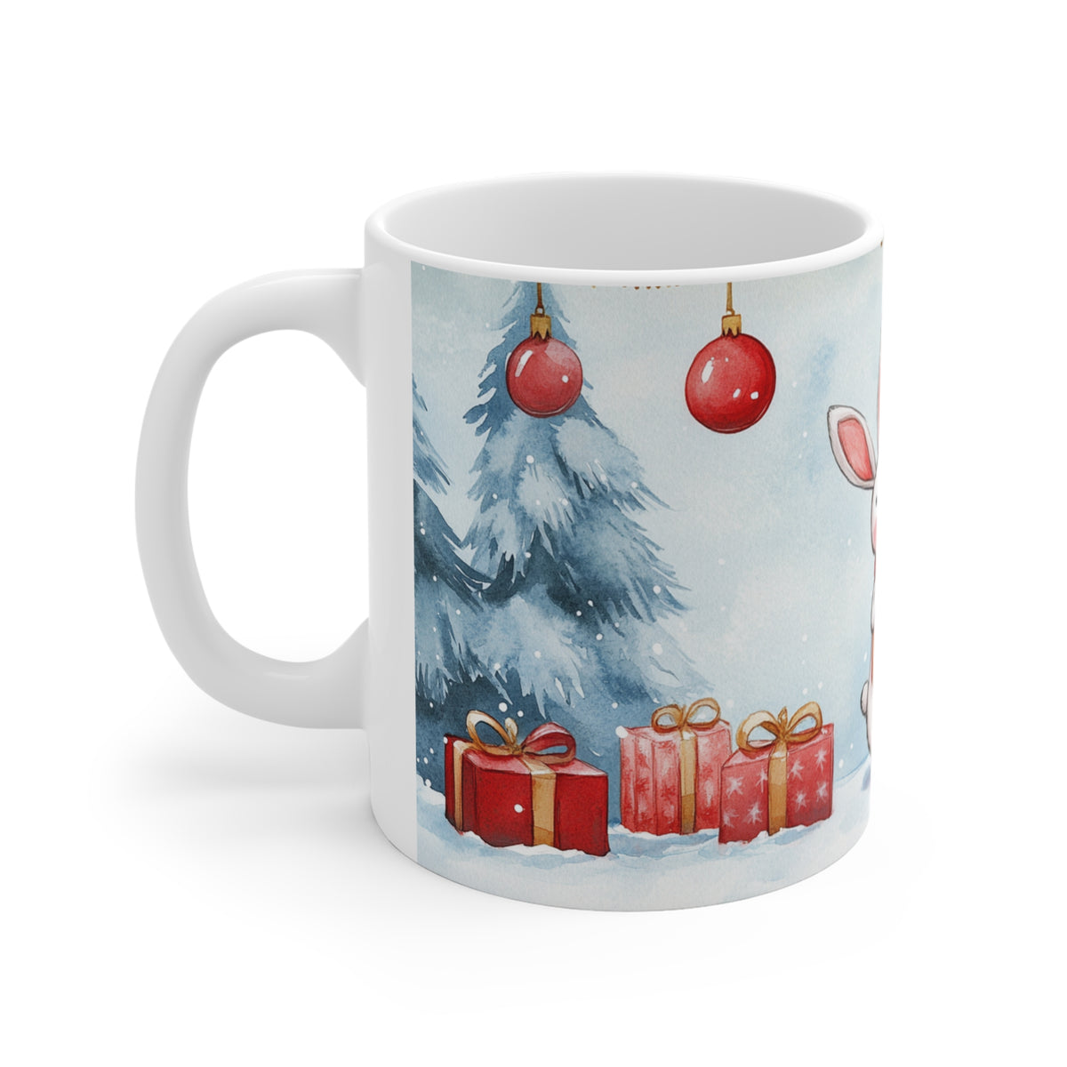 Mug Lapin de Noël avec Cadeaux – Tasse Hiver Sapins Enneigés Style Aquarelle – Cadeau de Noël Homme Femme