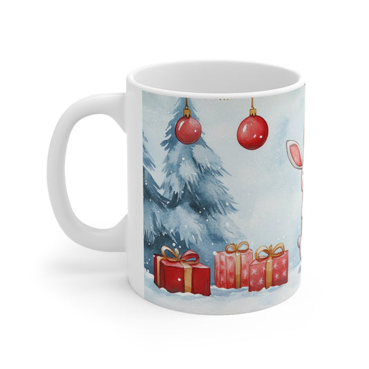 Mug Lapin de Noël avec Cadeaux – Tasse Hiver Sapins Enneigés Style Aquarelle – Cadeau de Noël Homme Femme