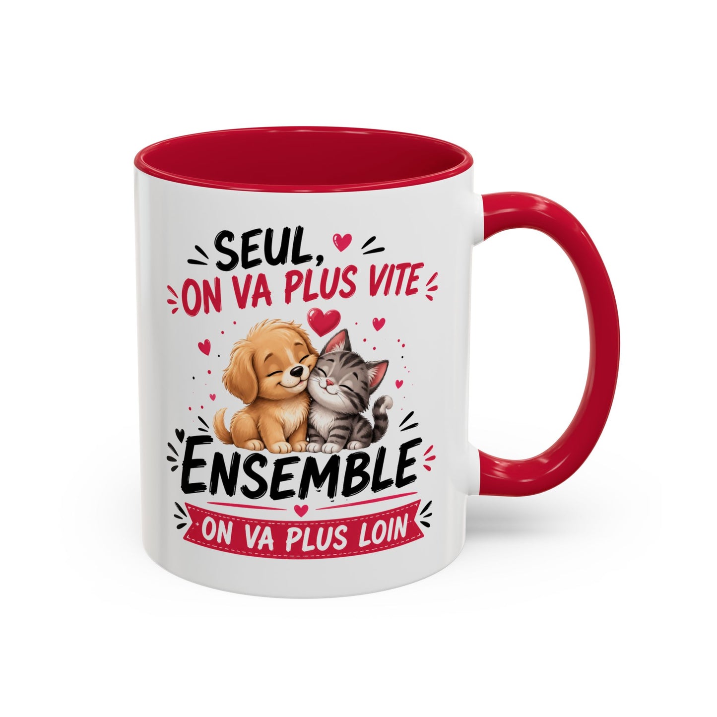 Tasse Seul On Va Plus Vite Ensemble On Va Plus Loin – Mug Chien Chat Amour Amitié – Cadeau Mignon 325ml
