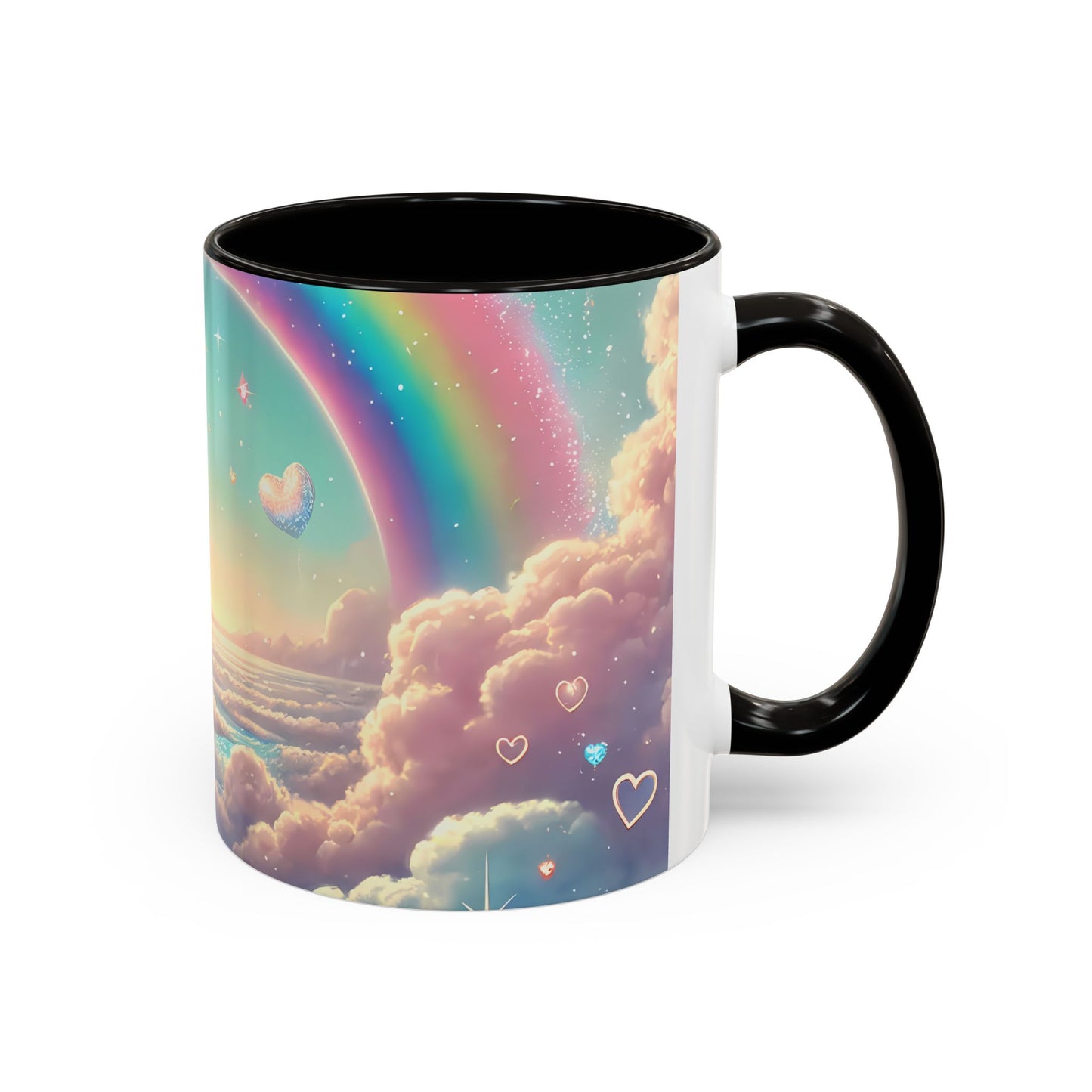 Mug Chat Blanc Kawaii – Tasse Féérique Pastel avec Arc-en-Ciel et Roses – Cadeau Amoureux des Chats 325ml
