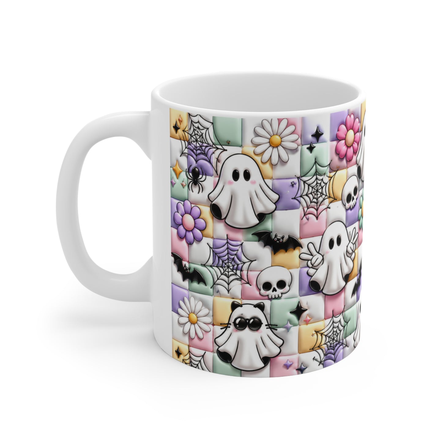 Tasse Fantômes Kawaii – Mug Halloween Pastel avec Ghosts, Chauves-Souris et Toiles – Cadeau Femme Fille 325ml
